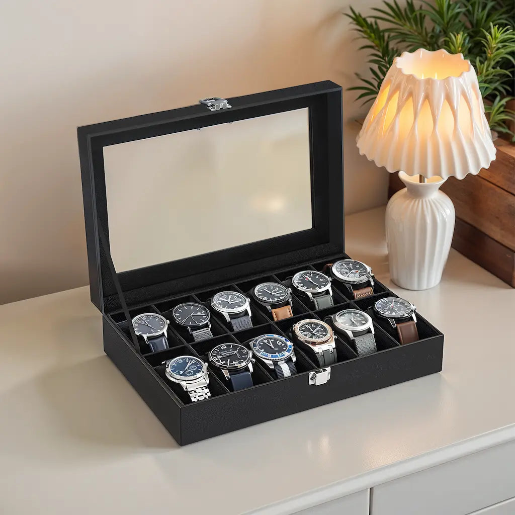 Watch box - with 12 compartments and glass lid, luxury storage box