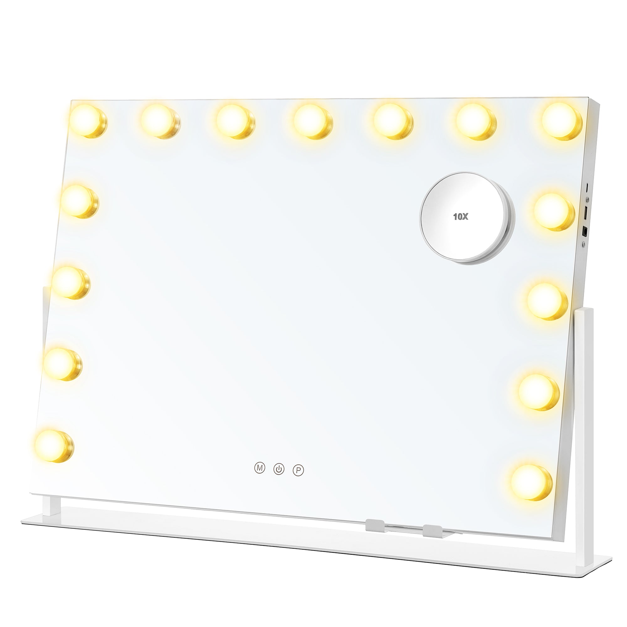 Make-up mirror with LED lighting, touch control, 15 LED lamps, with charging ports, 10x magnifying mirror, 3 light colors, dimmable, mobile phone holder, matt white LWM001W02