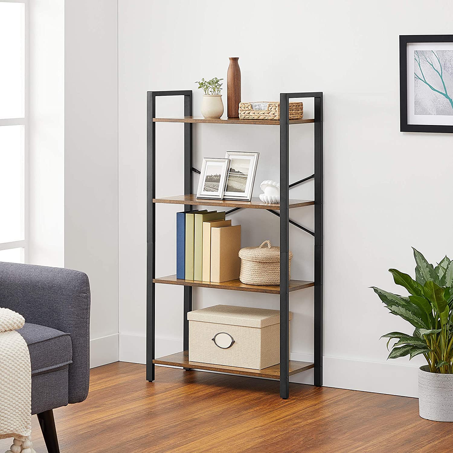 Bookcase - 4 levels - storage rack with steel frame - 120 cm high - Brown/black