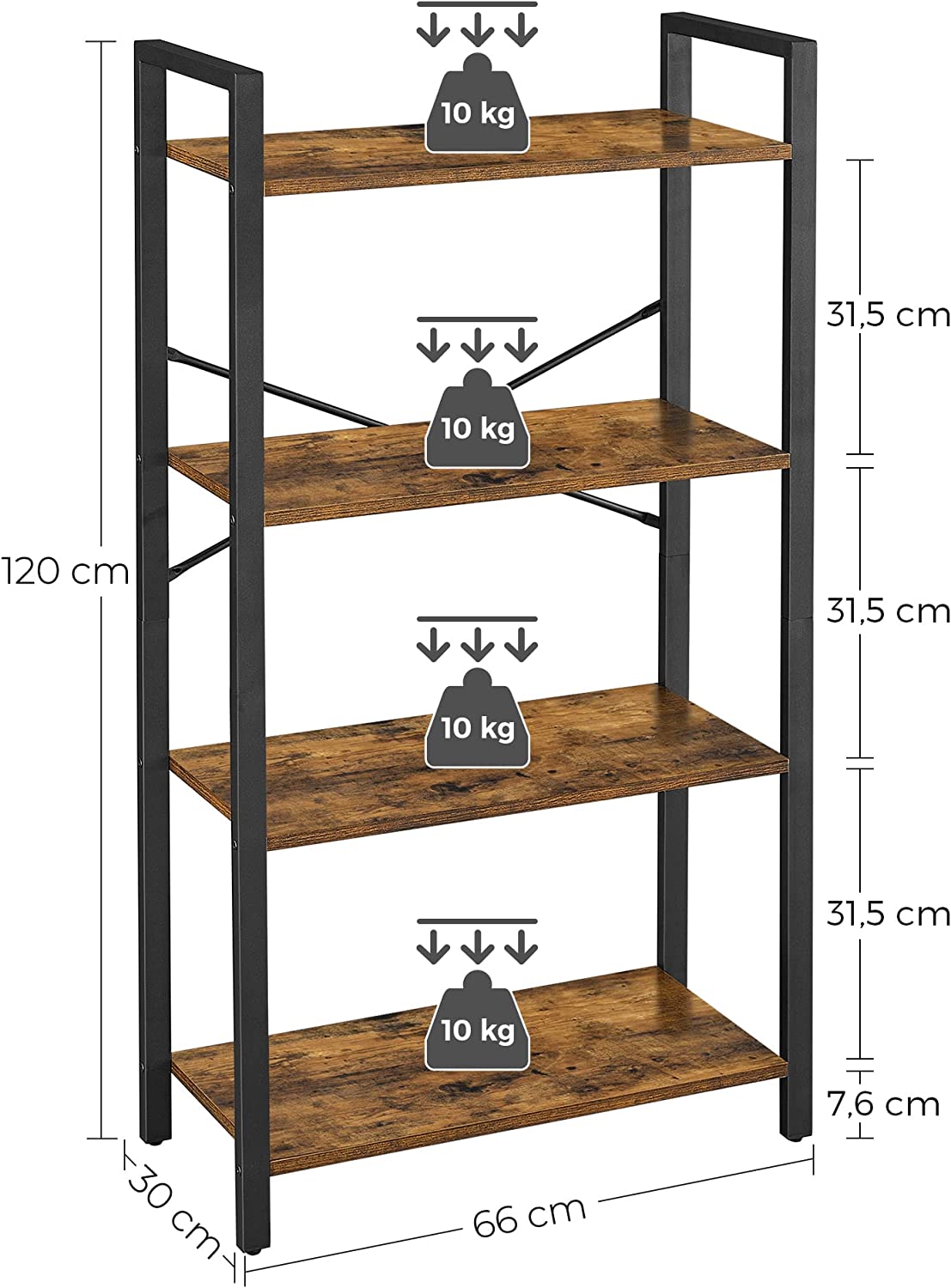 Bookcase - 4 levels - storage rack with steel frame - 120 cm high - Brown/black