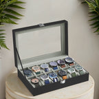 Watch box - with 12 compartments and glass lid, luxury storage box