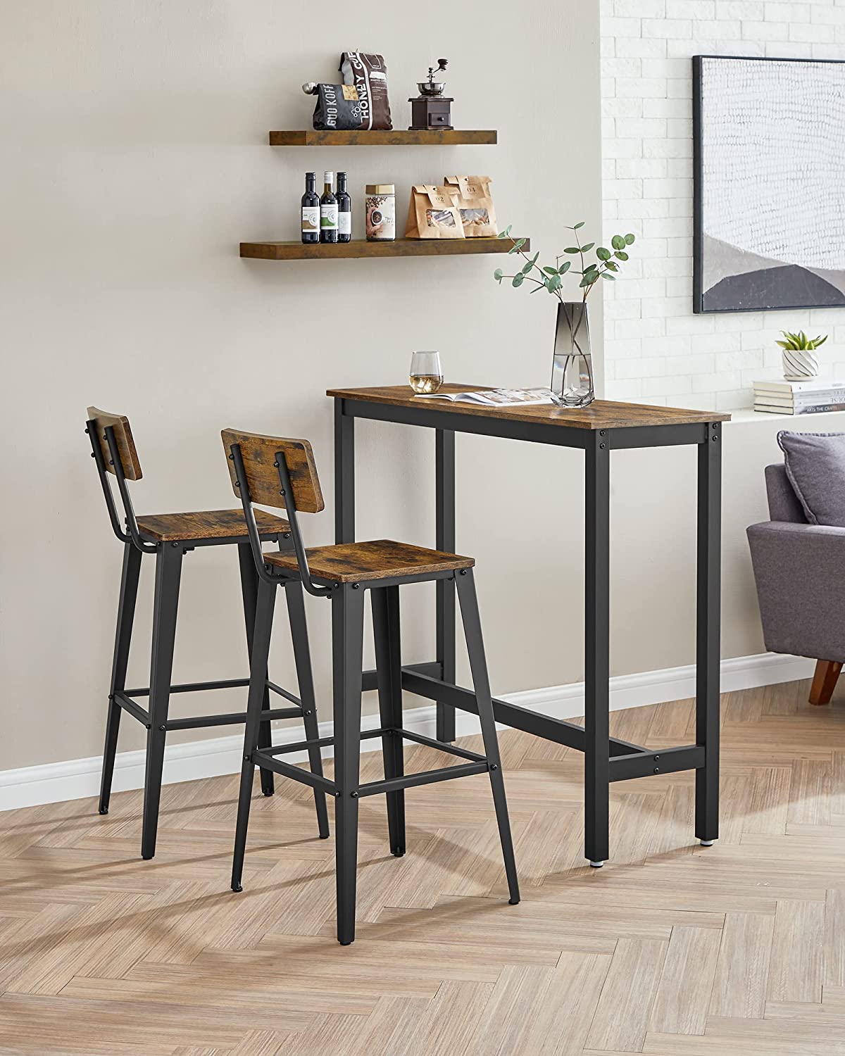 Bar stool - Bar chairs - Kitchen chairs - Set of 2 - With backrest - Steel frame - Brown Black