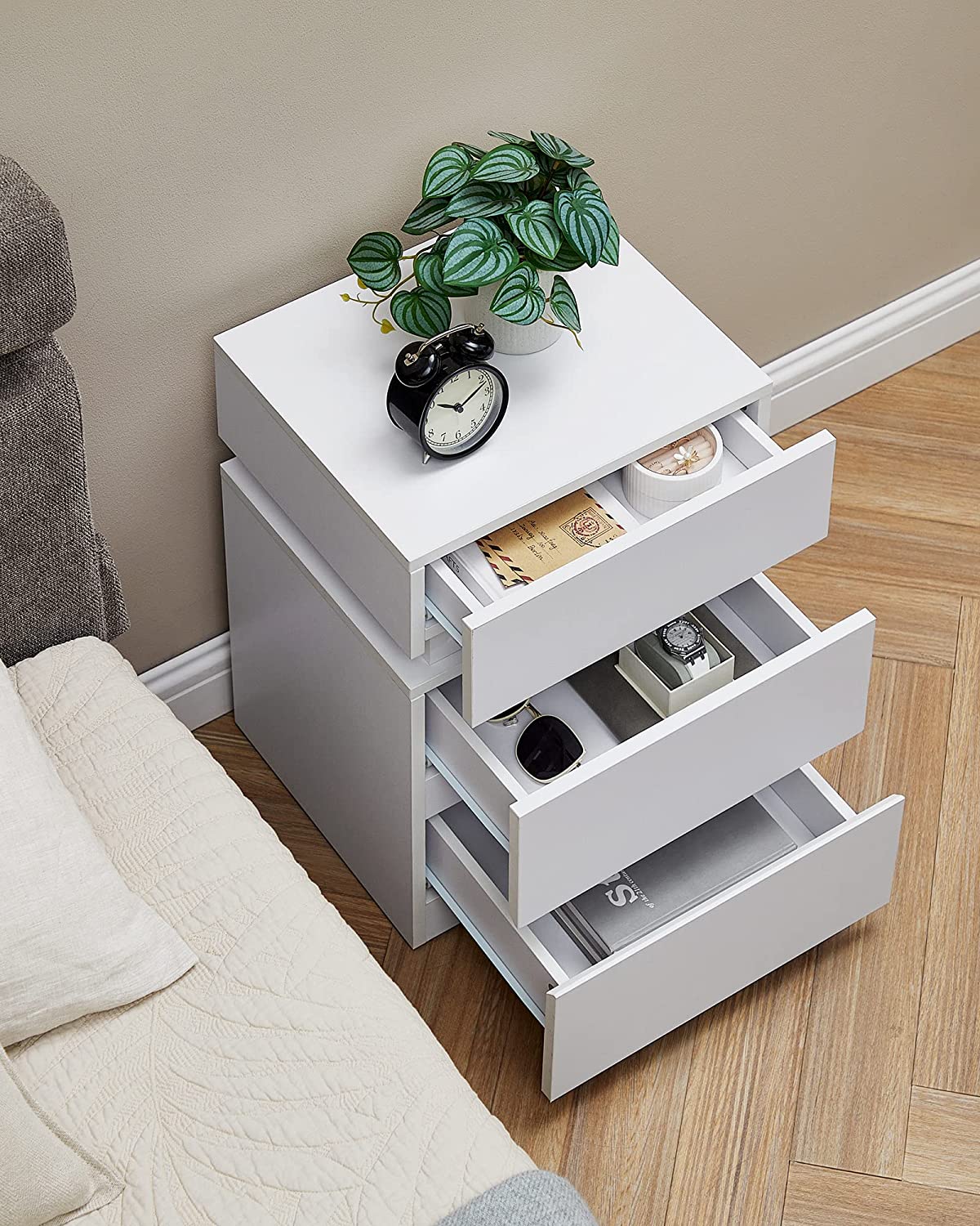 Bedside table - side table - with LED lighting - adjustable colors - with 3 drawers - white