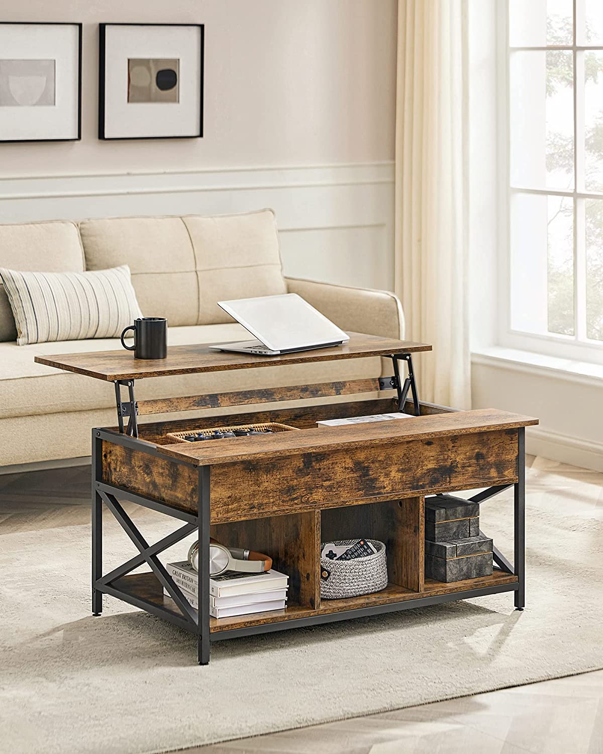Coffee table - Living room table - With hidden storage space - Vintage brown -black