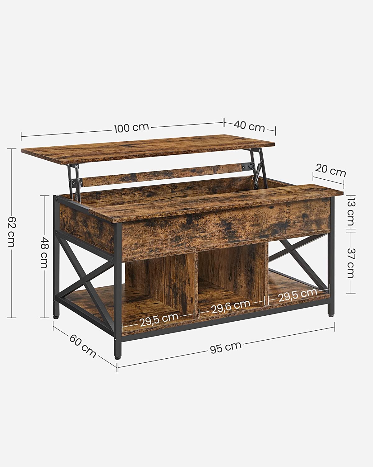 Coffee table - Living room table - With hidden storage space - Vintage brown -black