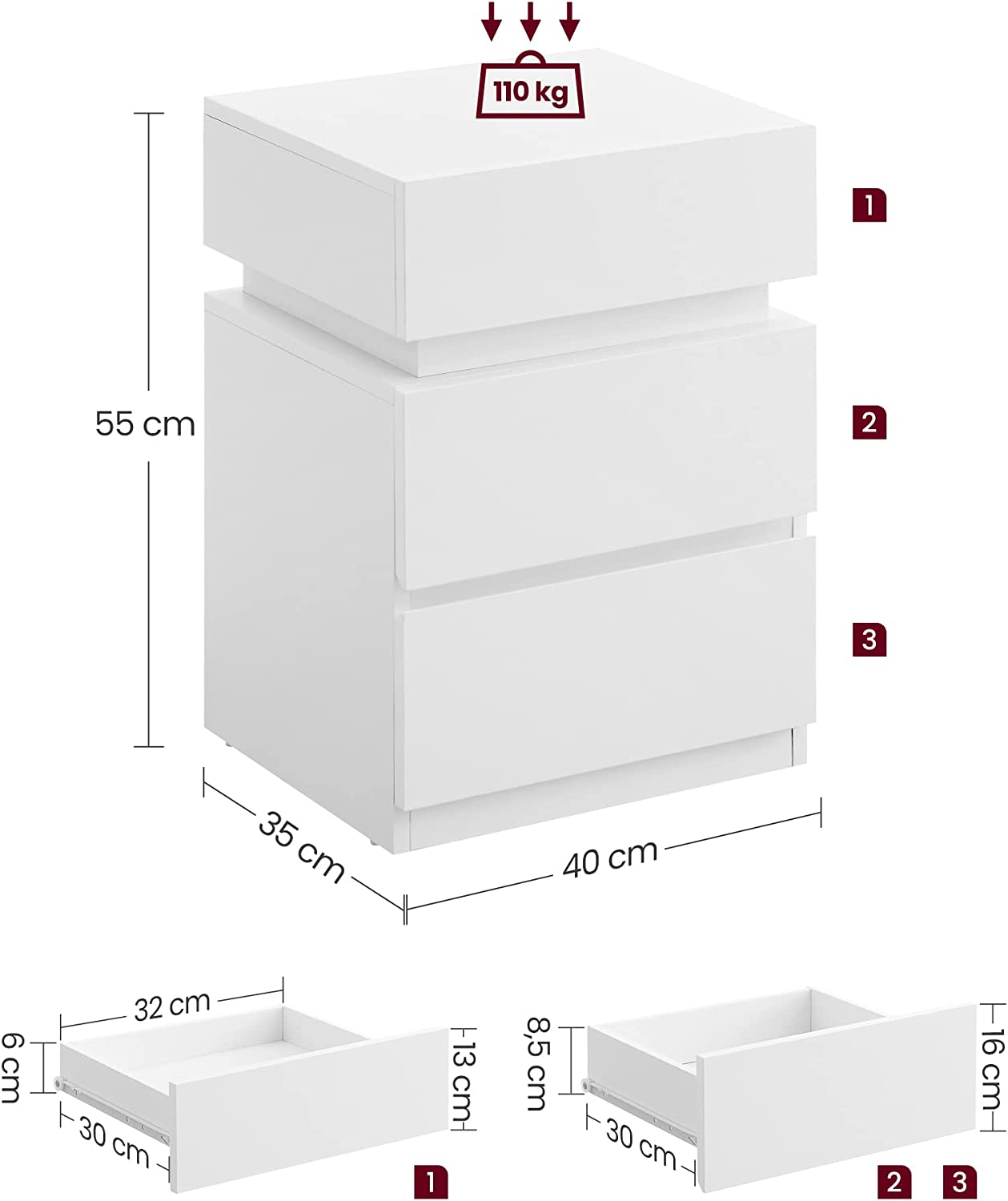 Bedside table - side table - with LED lighting - adjustable colors - with 3 drawers - white