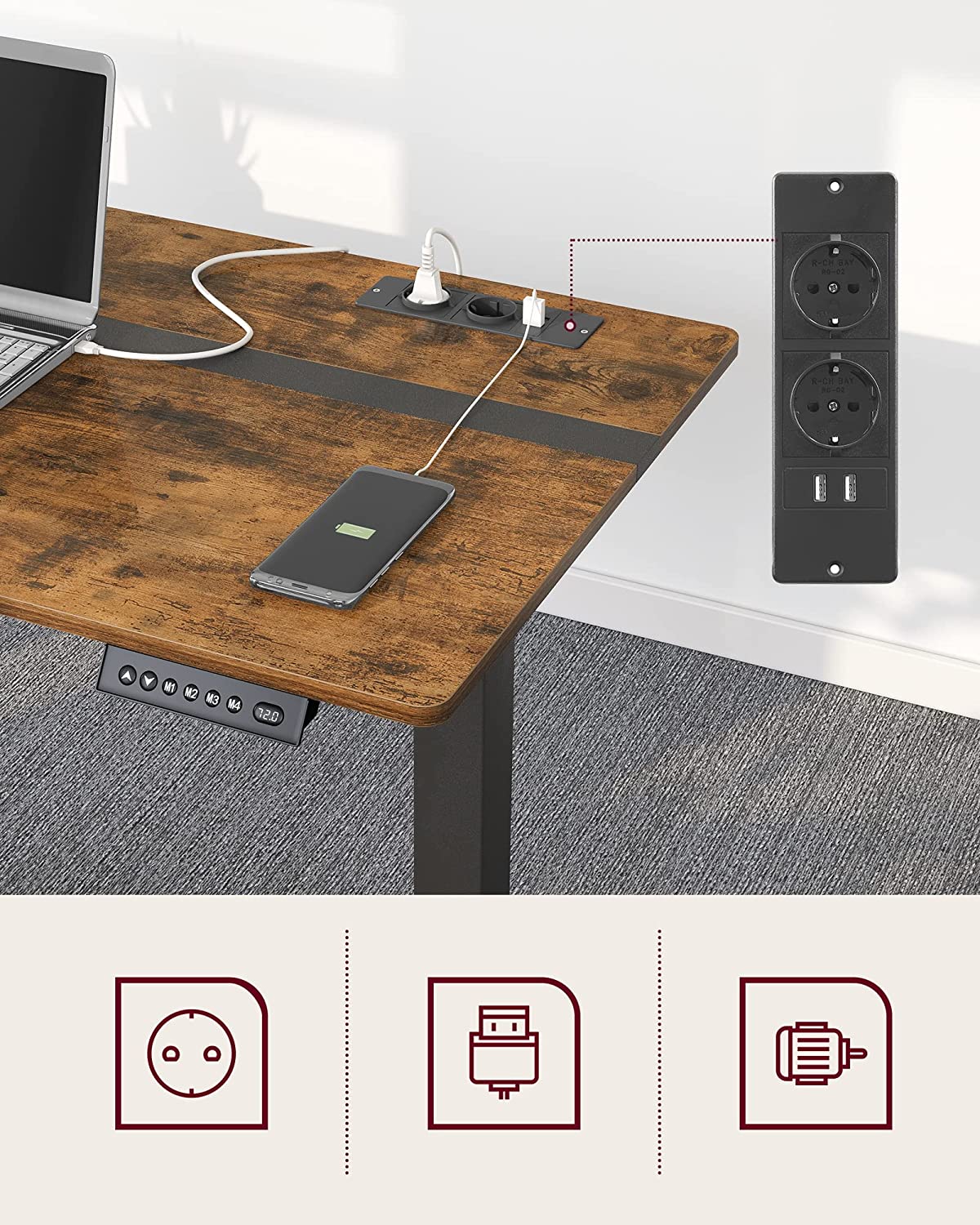 Electric desk - height adjustable - with socket