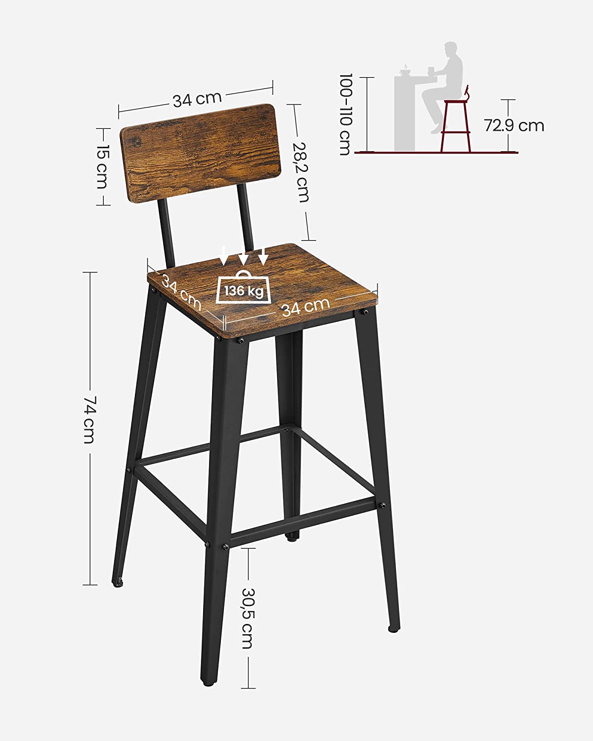 Bar stool - Bar chairs - Kitchen chairs - Set of 2 - With backrest - Steel frame - Brown Black