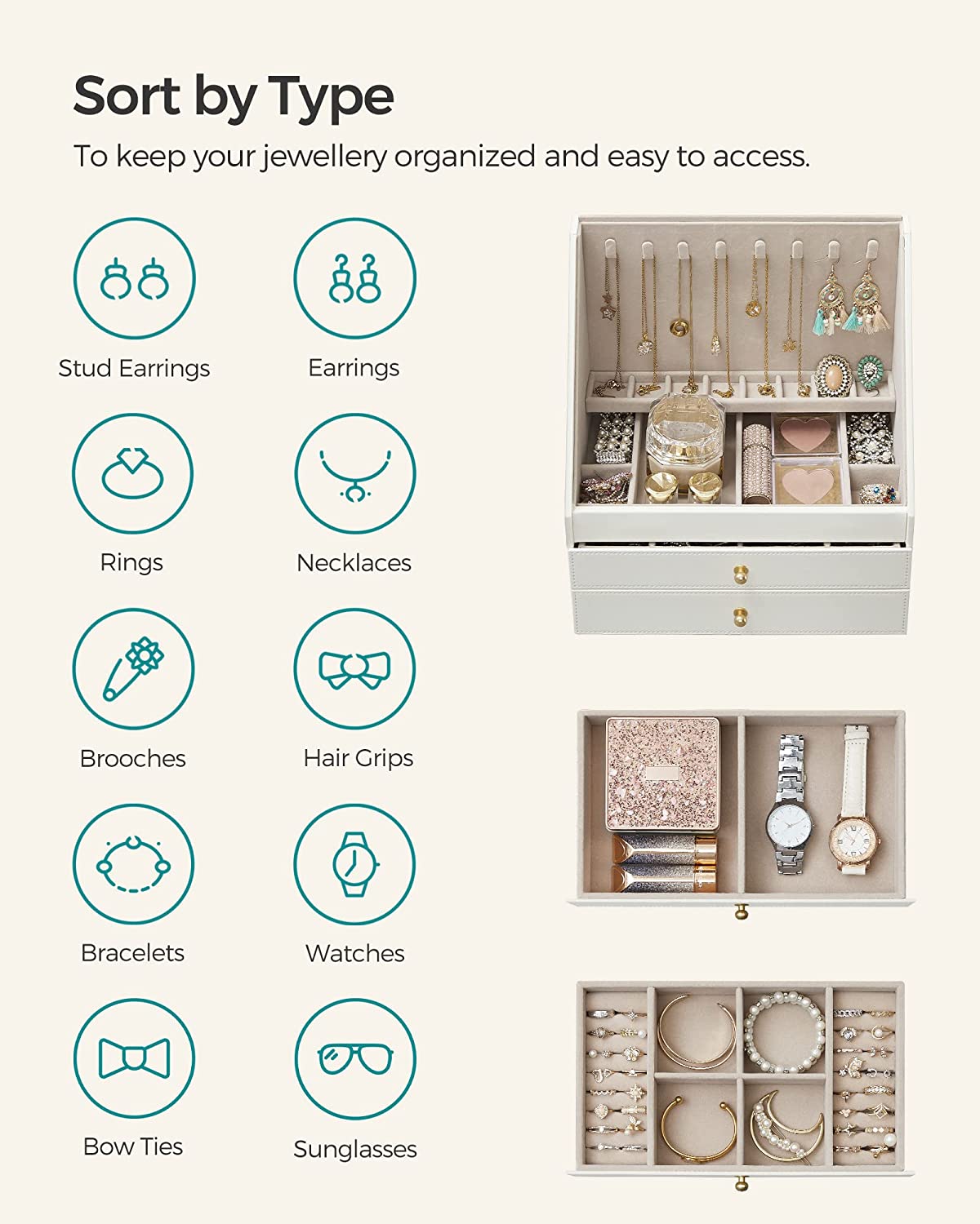 Jewelry box - With 3 levels - Sloping glass window - 2 drawers - Storage box for jewelry - Modern - White