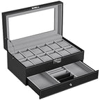 Watchbox - with drawer - 12 watches - jewelry box - Glass lid - Black
