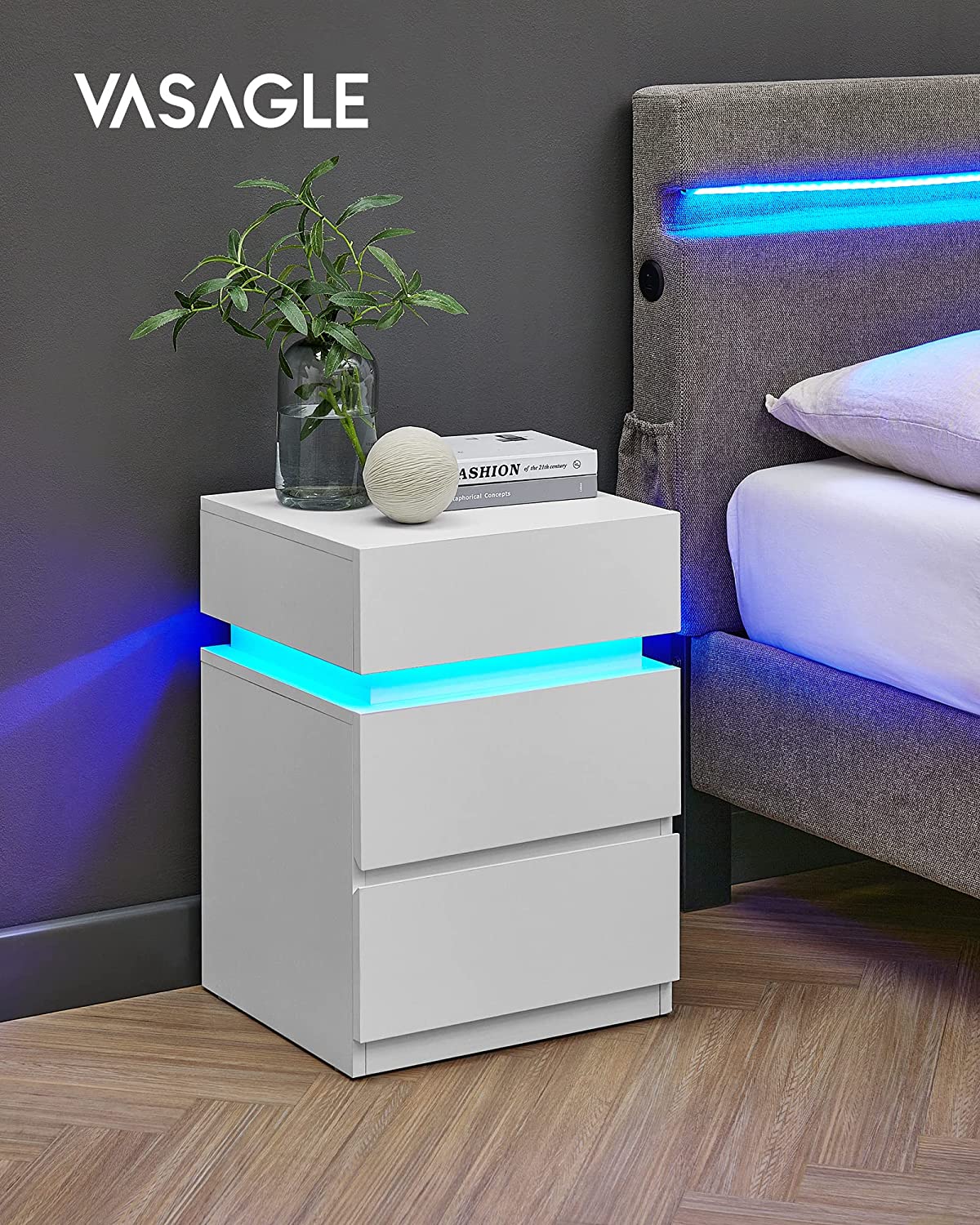 Bedside table - side table - with LED lighting - adjustable colors - with 3 drawers - white