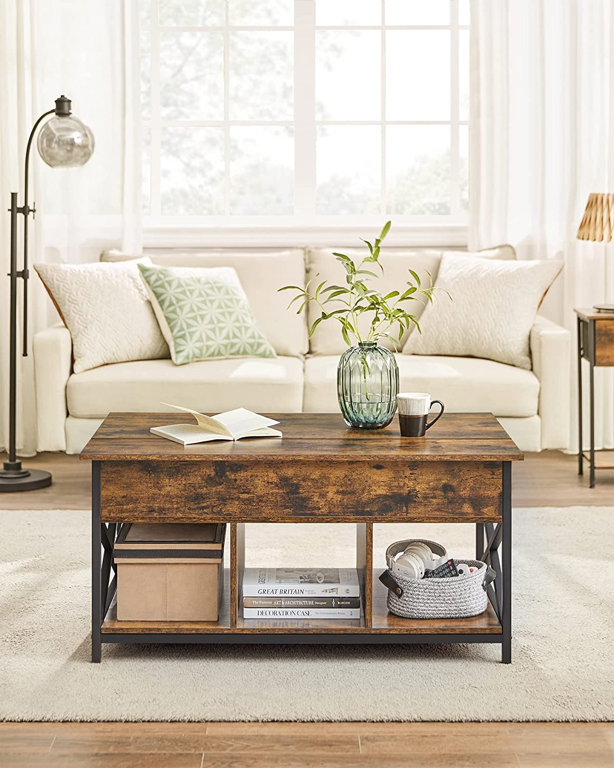 Coffee table - Living room table - With hidden storage space - Vintage brown -black