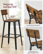 Bar stool - Bar chairs - Kitchen chairs - Set of 2 - With backrest - Steel frame - Brown Black