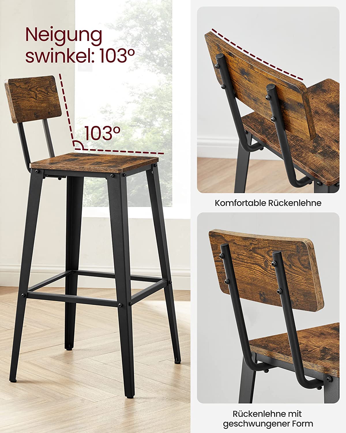 Bar stool - Bar chairs - Kitchen chairs - Set of 2 - With backrest - Steel frame - Brown Black