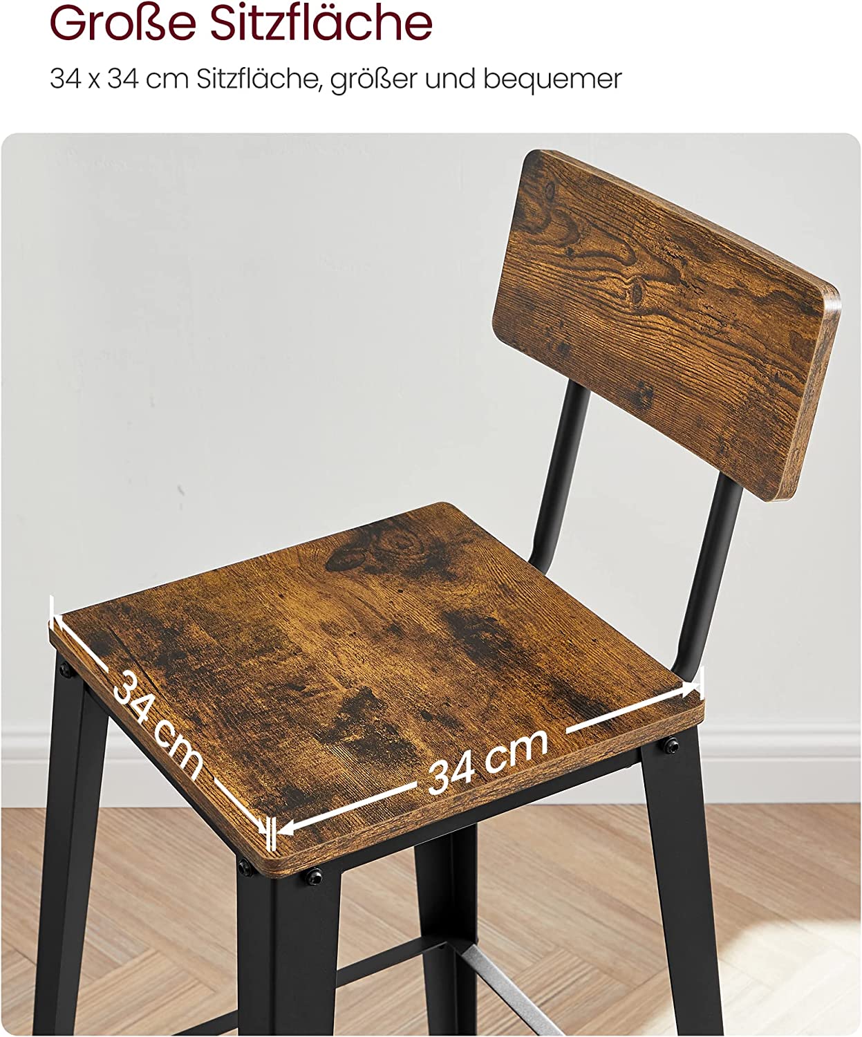 Bar stool - Bar chairs - Kitchen chairs - Set of 2 - With backrest - Steel frame - Brown Black