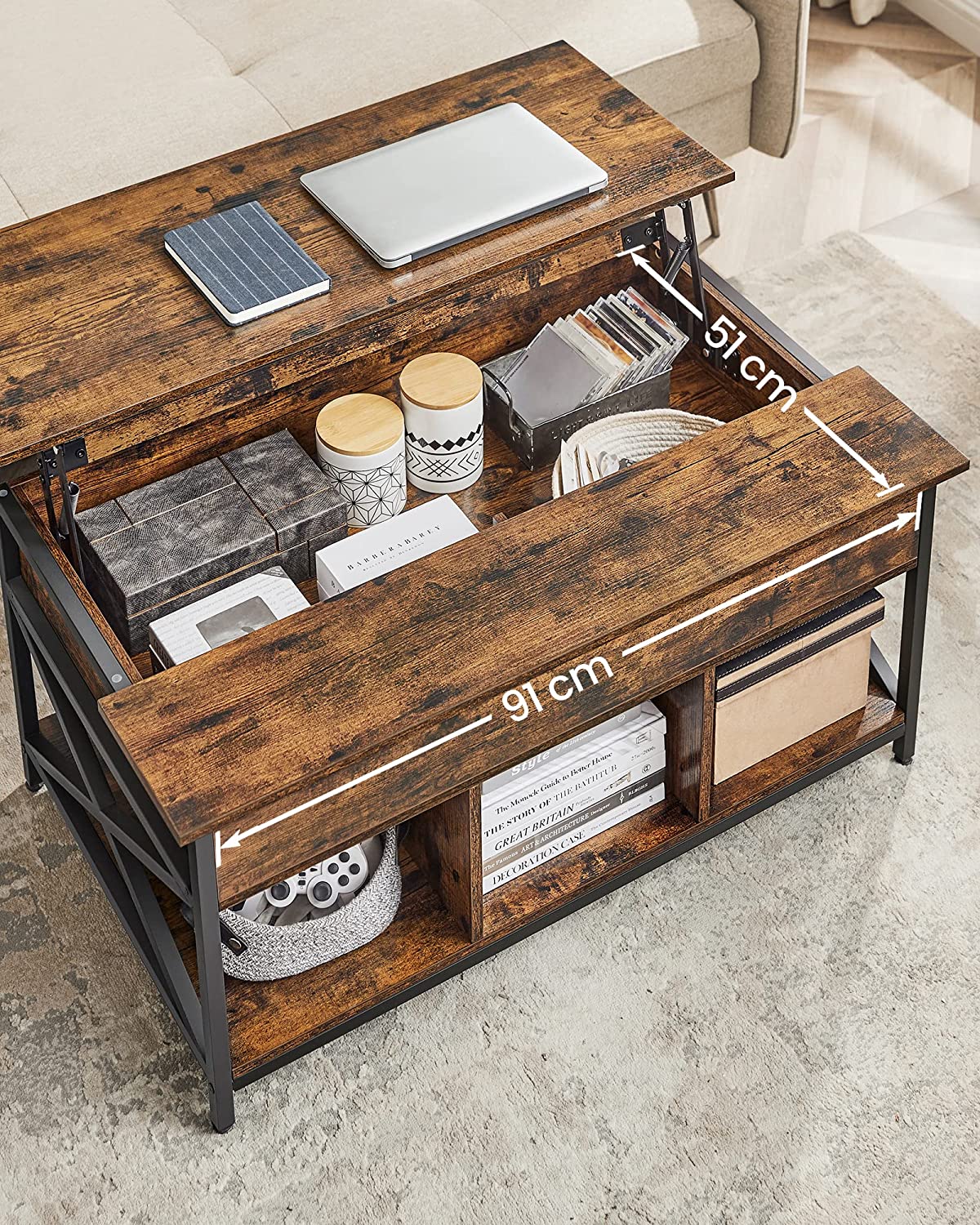 Coffee table - Living room table - With hidden storage space - Vintage brown -black