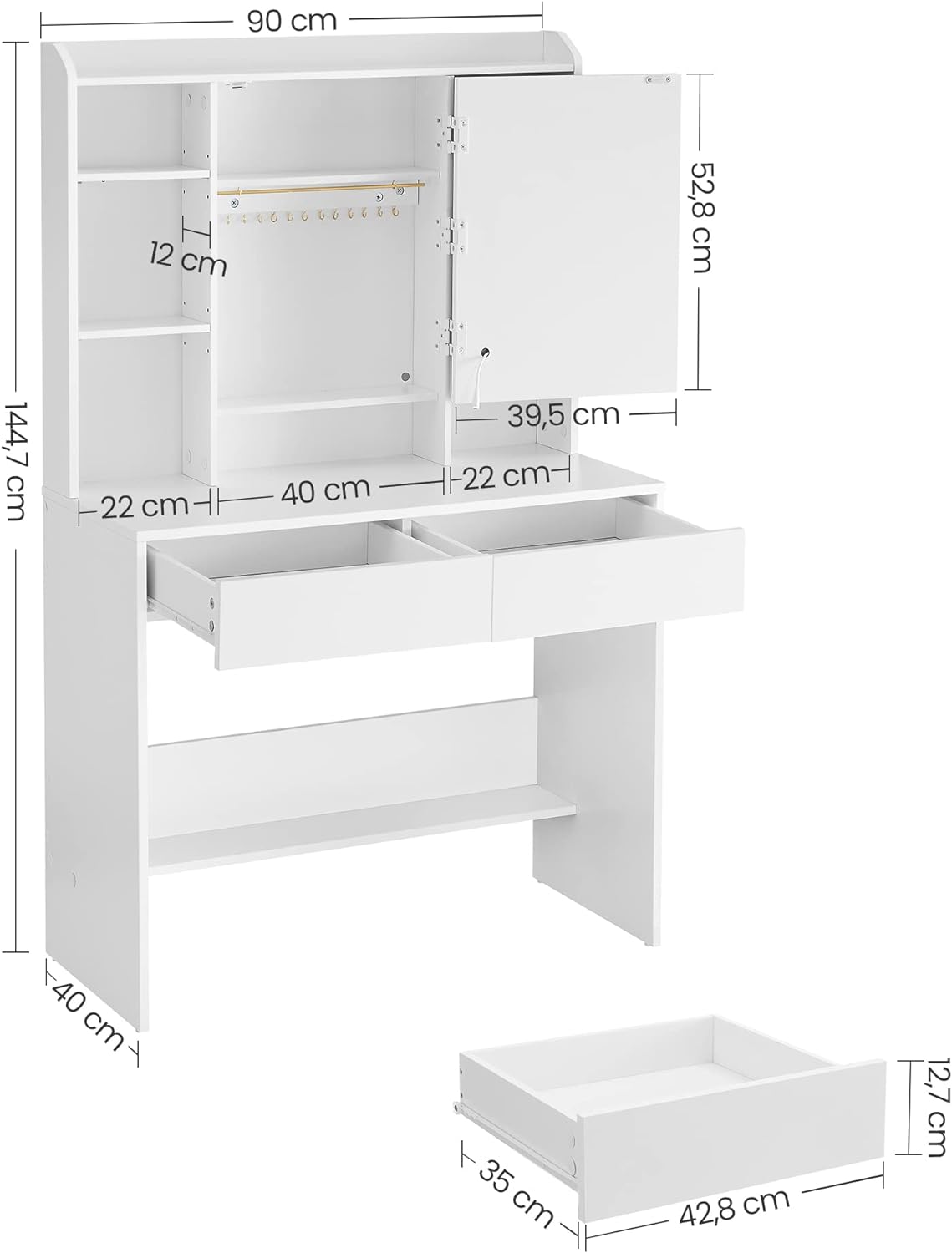 Dressing table - makeup table - with LED lighting and mirror - 2 drawers - made of wood - white