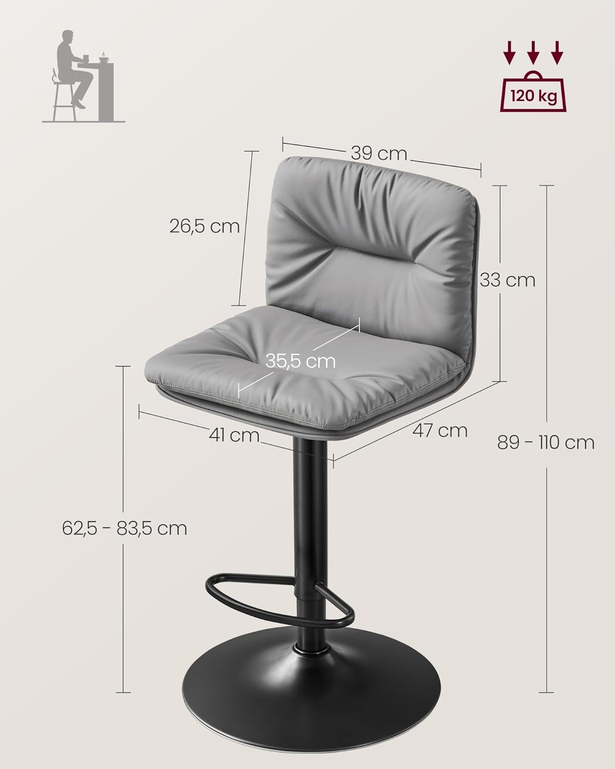 Bar stools - Set of 2 - Quilted seat - Rotable - Gray