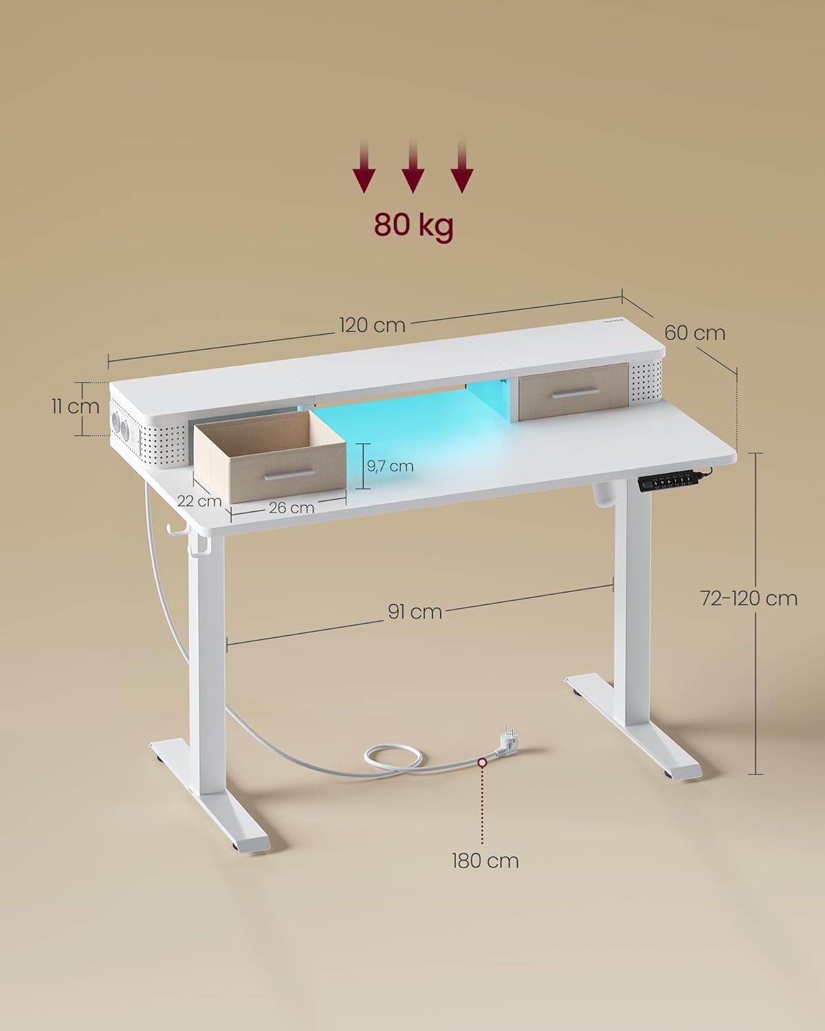 Electric desk - height adjustable - with socket and 2 drawers
