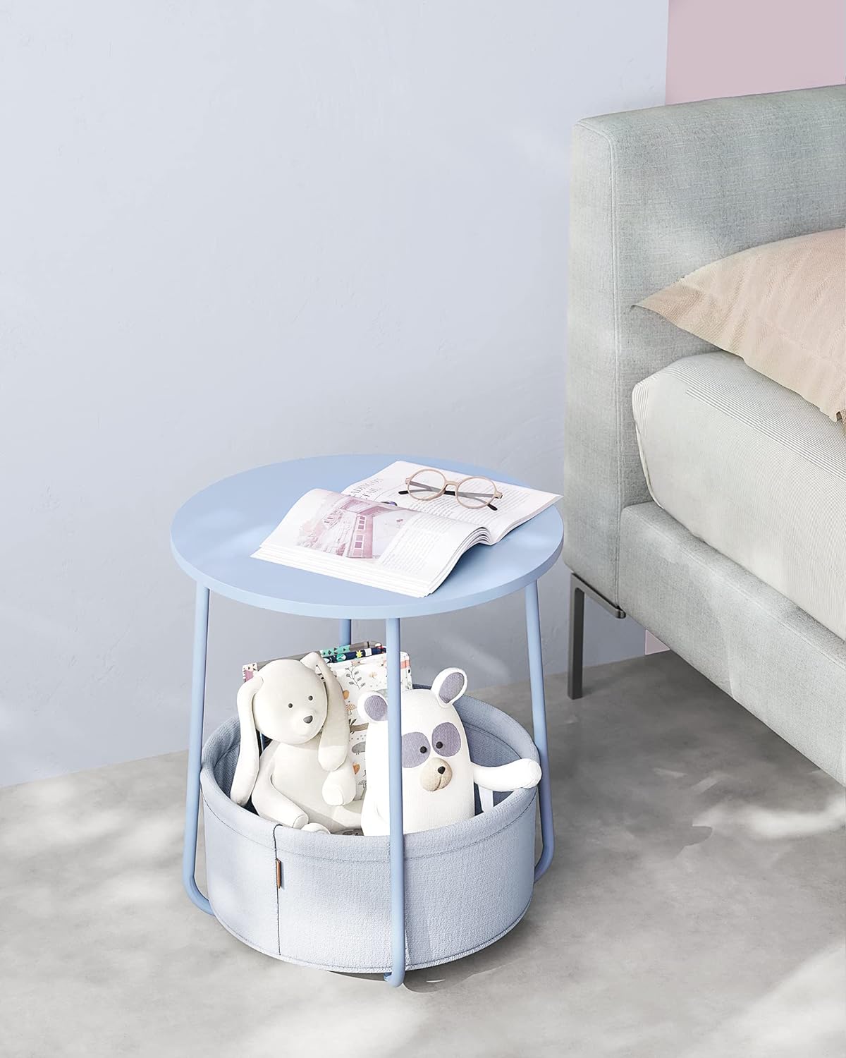 Round side table - With fabric basket - Metal frame - Blue