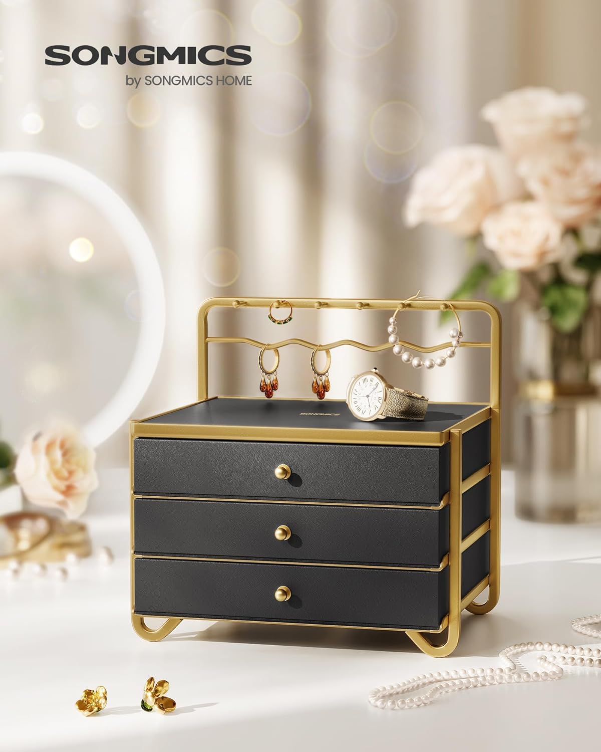 Jewelry box - Jewelry box - 3 layers with drawers - Black gold
