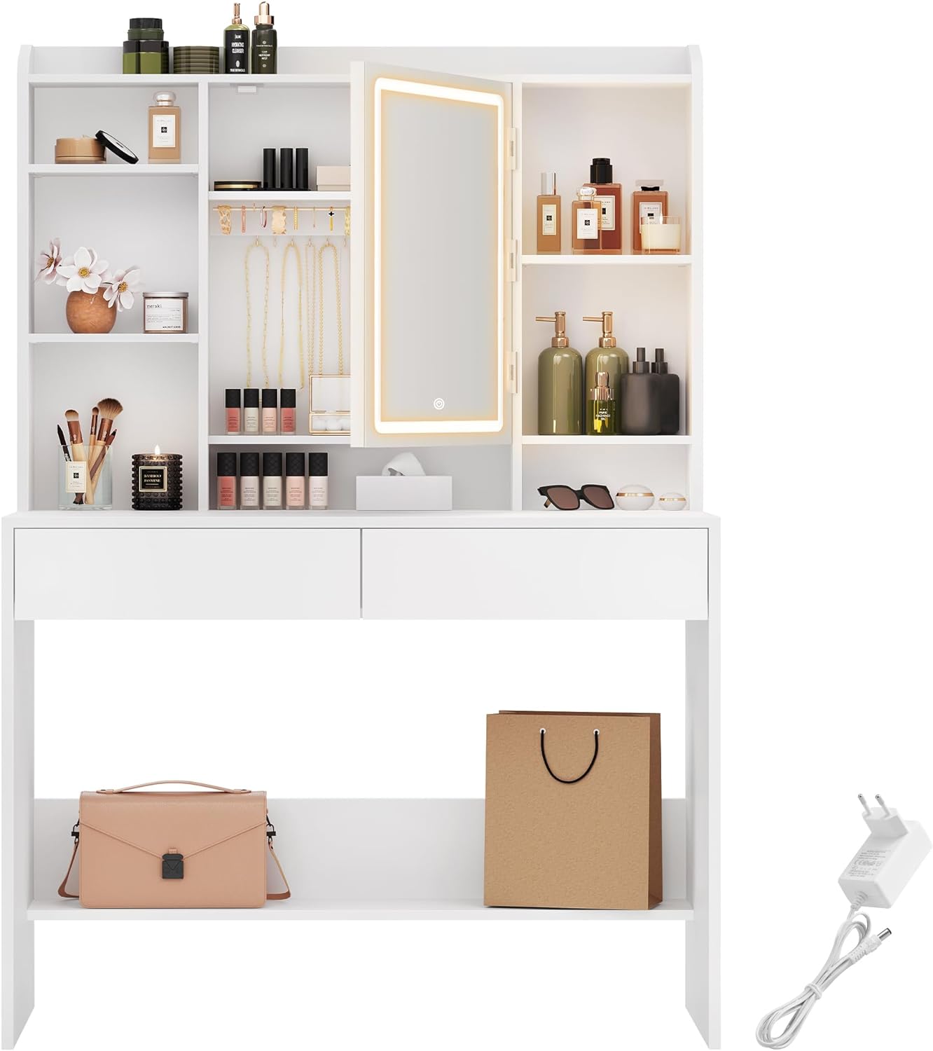 Dressing table - makeup table - with LED lighting and mirror - 2 drawers - made of wood - white