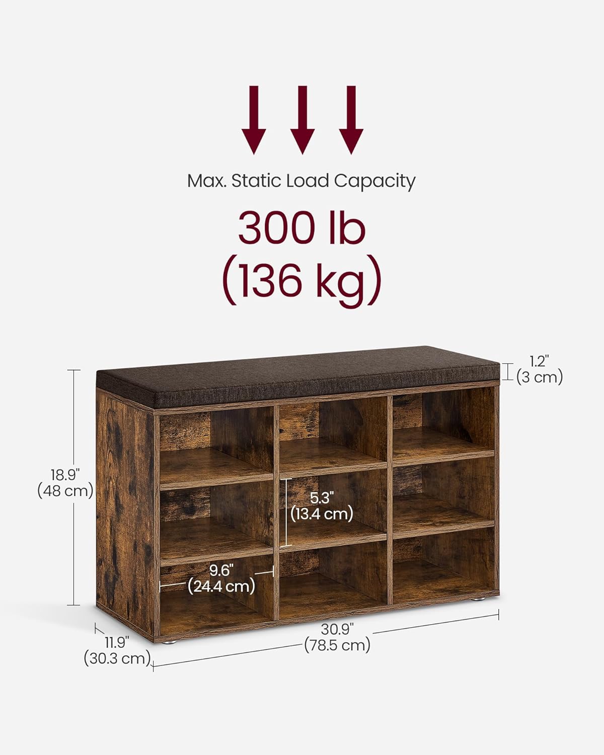 Shoe cabinet - Shoe bench - 9 compartments - With seat - from wood - Brown