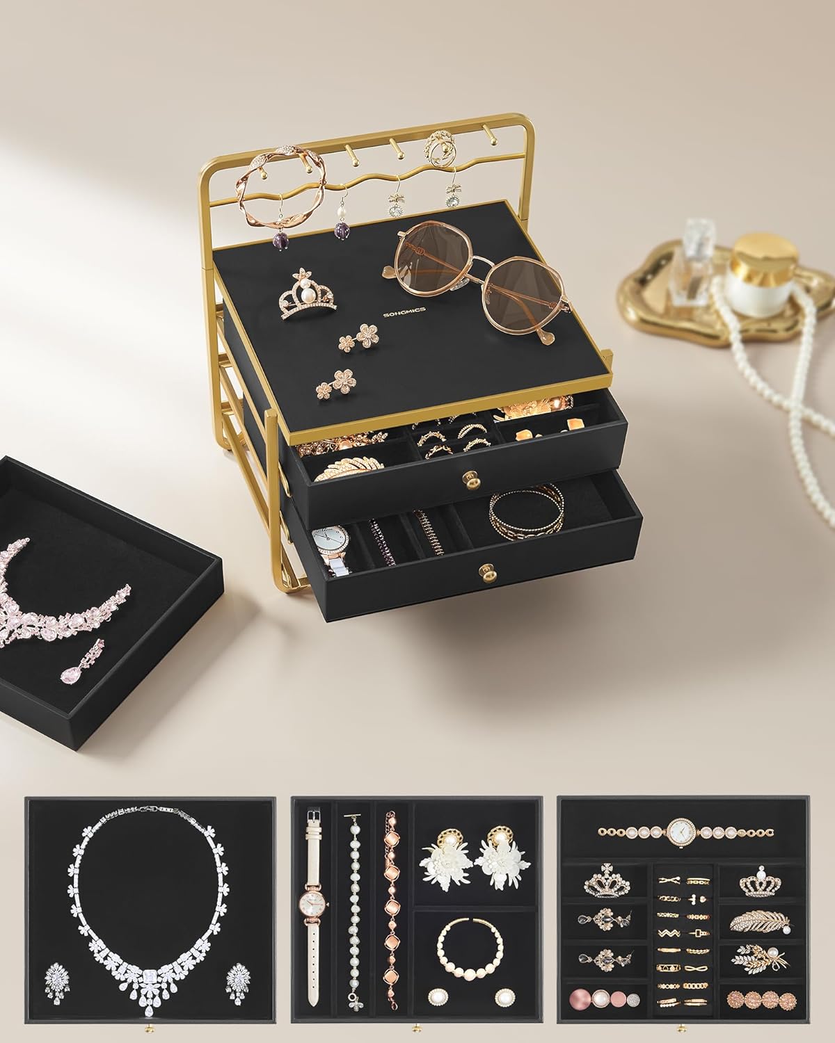 Jewelry box - Jewelry box - 3 layers with drawers - Black gold