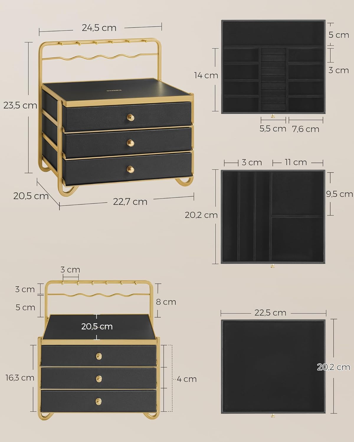 Jewelry box - Jewelry box - 3 layers with drawers - Black gold