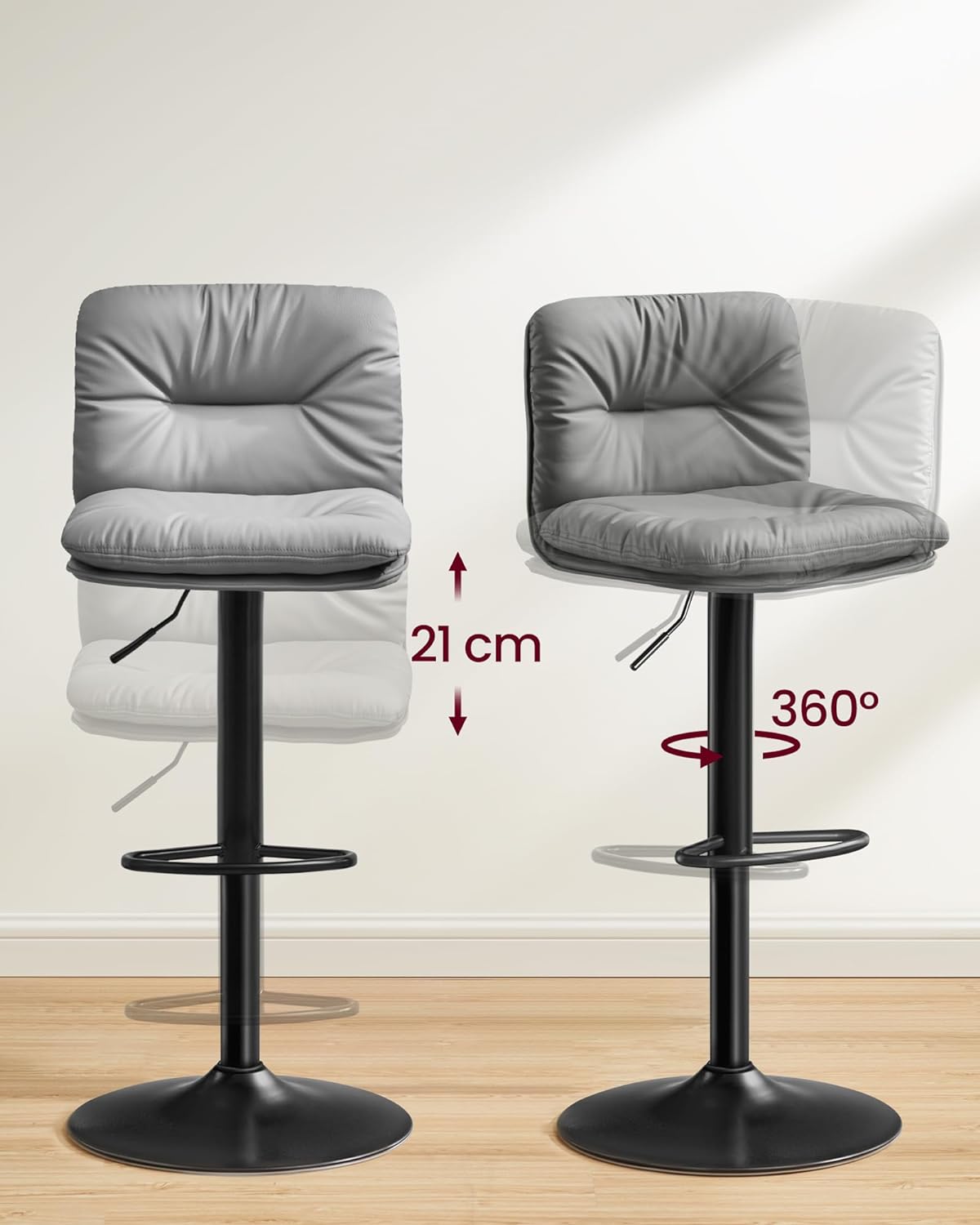 Bar stools - Set of 2 - Quilted seat - Rotable - Gray