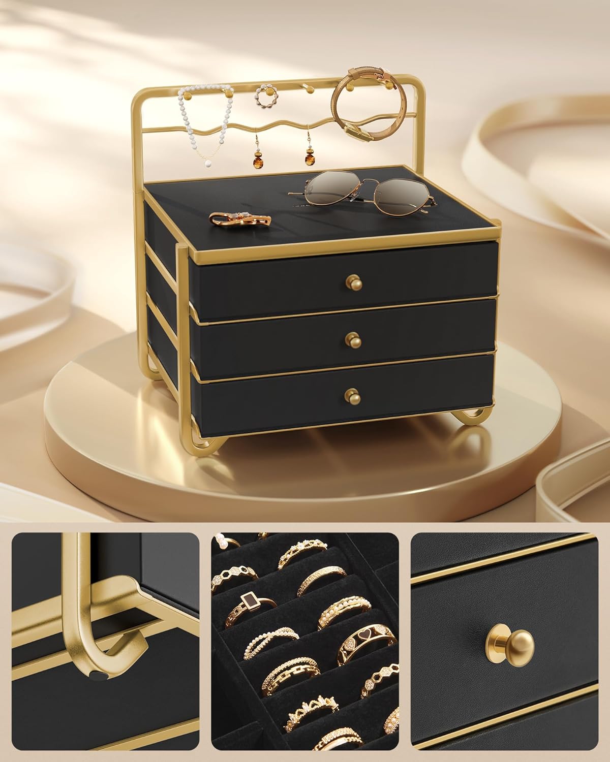 Jewelry box - Jewelry box - 3 layers with drawers - Black gold