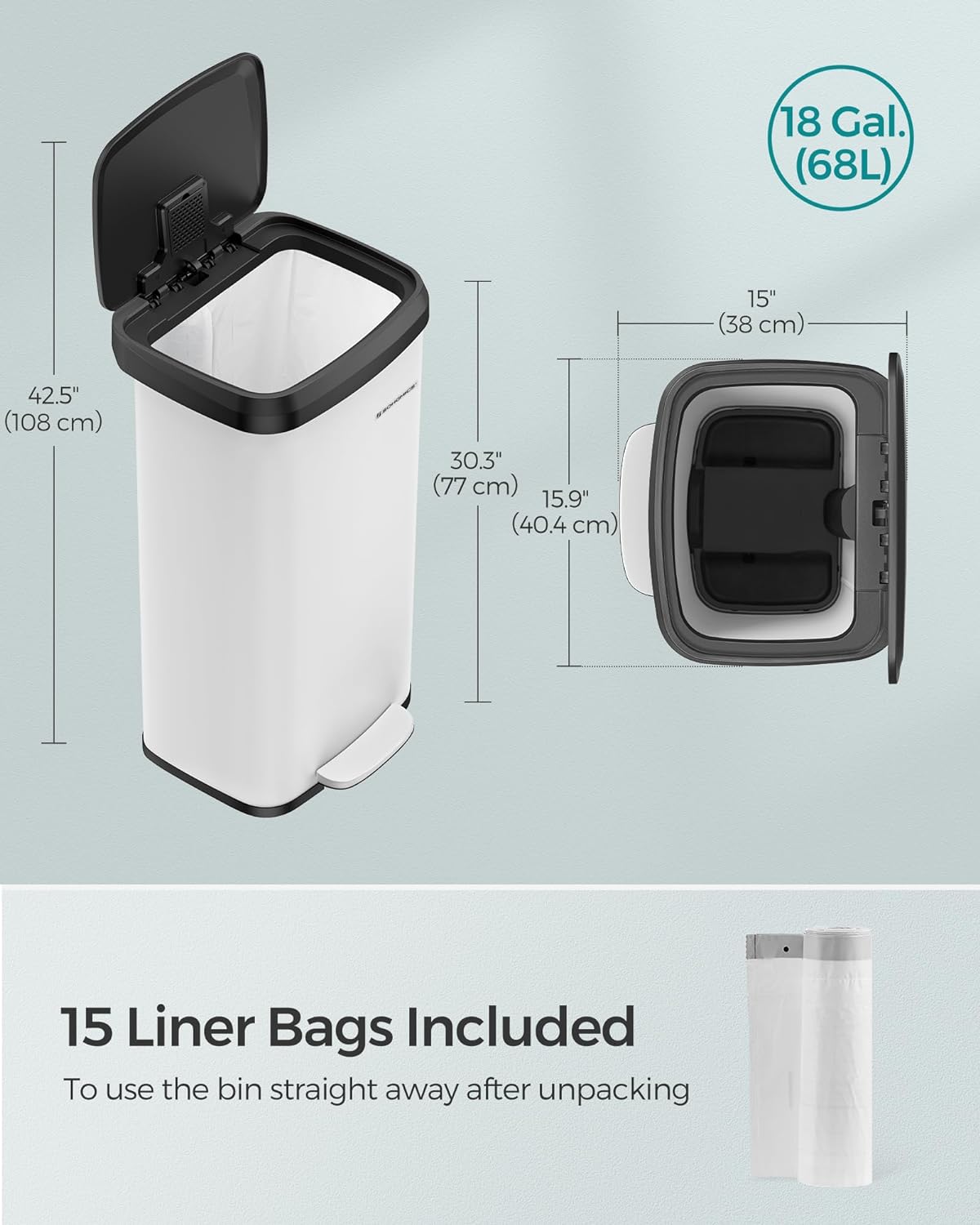 Garbage bin - Waste bin - 68liter - Metal - With lid - White