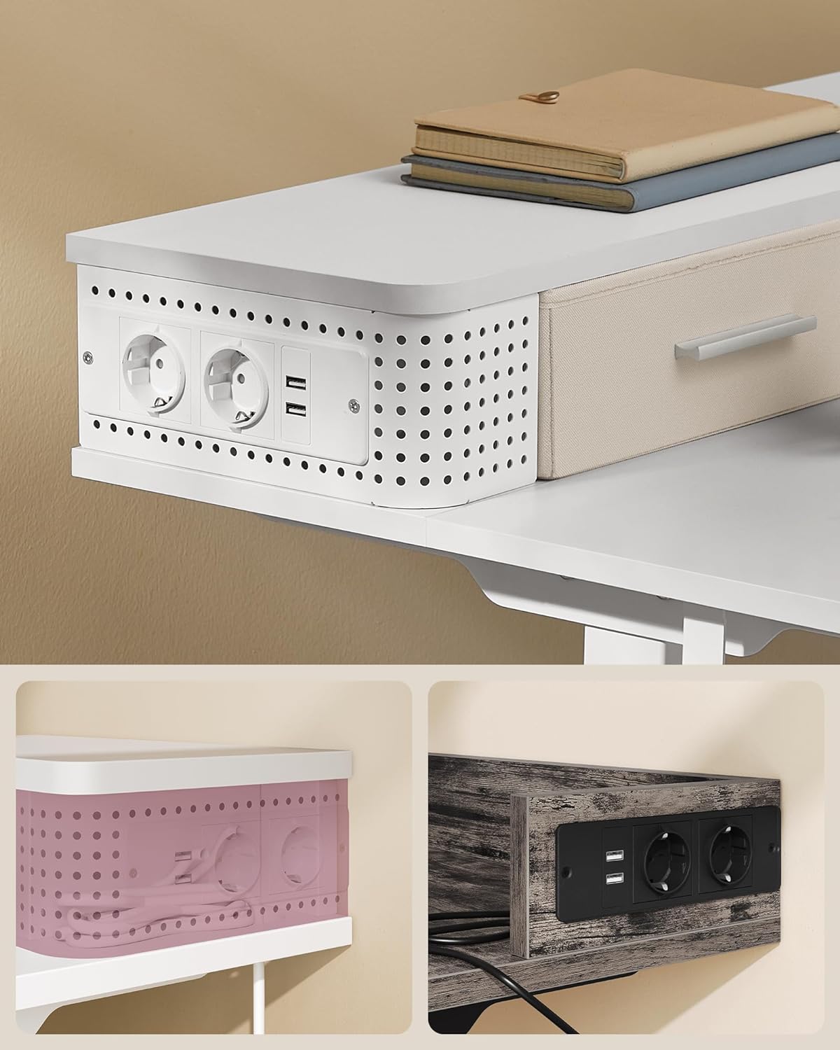 Electric desk - height adjustable - with socket and 2 drawers