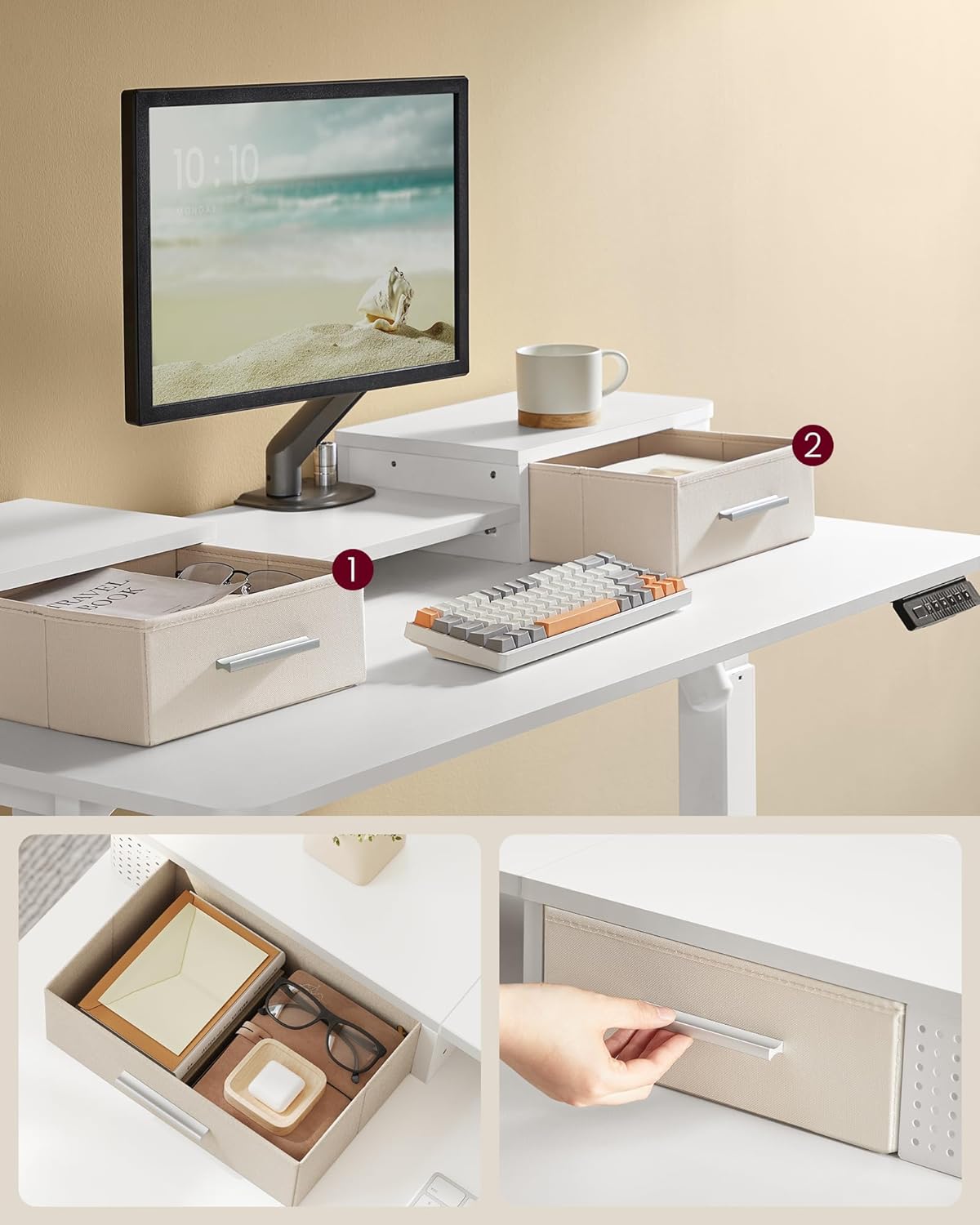 Electric desk - height adjustable - with socket and 2 drawers
