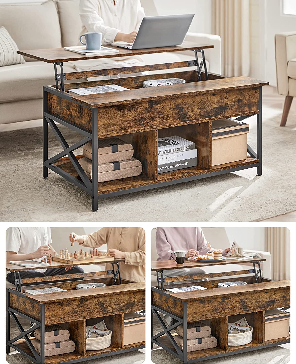 Coffee table - Living room table - With hidden storage space - Vintage brown -black