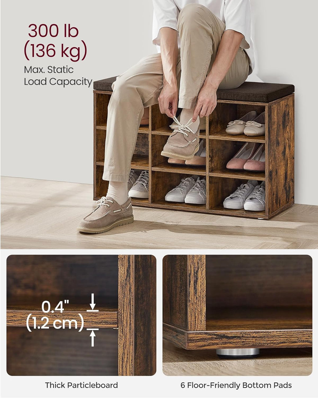 Shoe cabinet - Shoe bench - 9 compartments - With seat - from wood - Brown