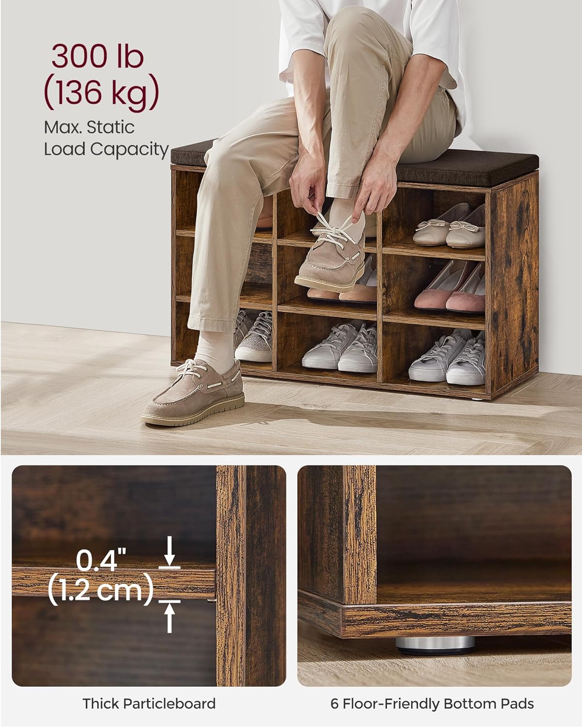 Shoe cabinet - Shoe bench - 9 compartments - With seat - from wood - Brown