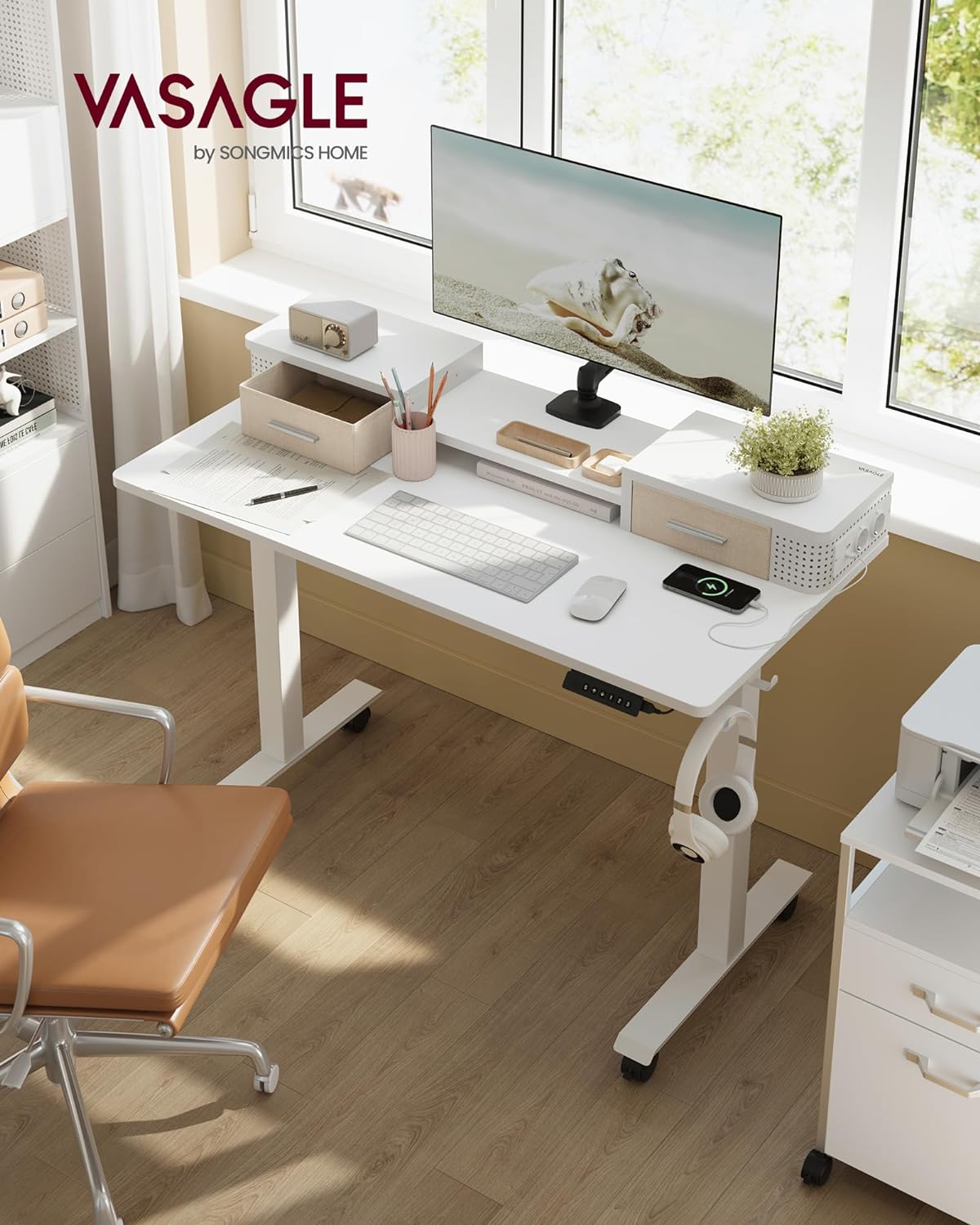 Electric desk - height adjustable - with socket and 2 drawers