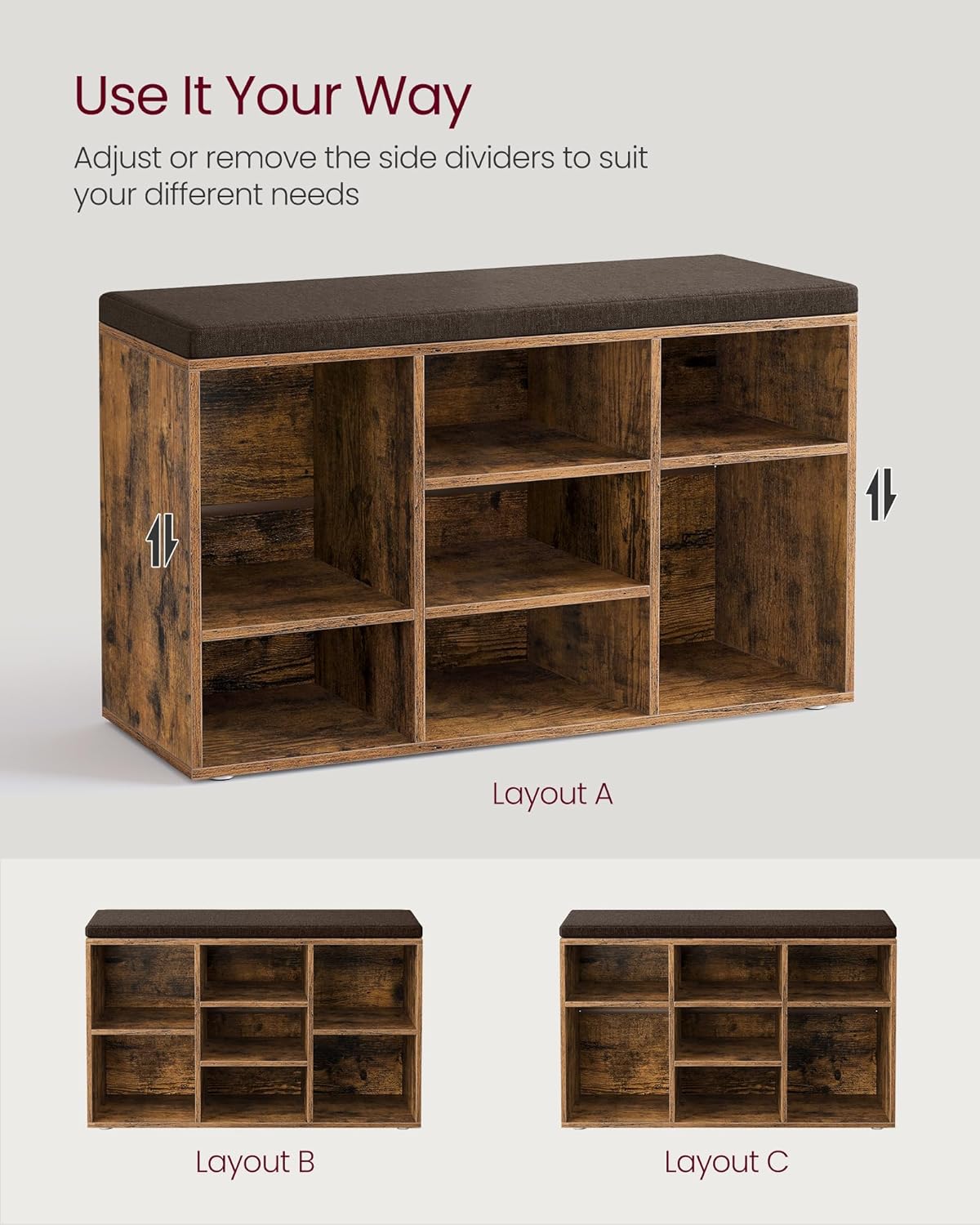 Shoe cabinet - Shoe bench - 9 compartments - With seat - from wood - Brown