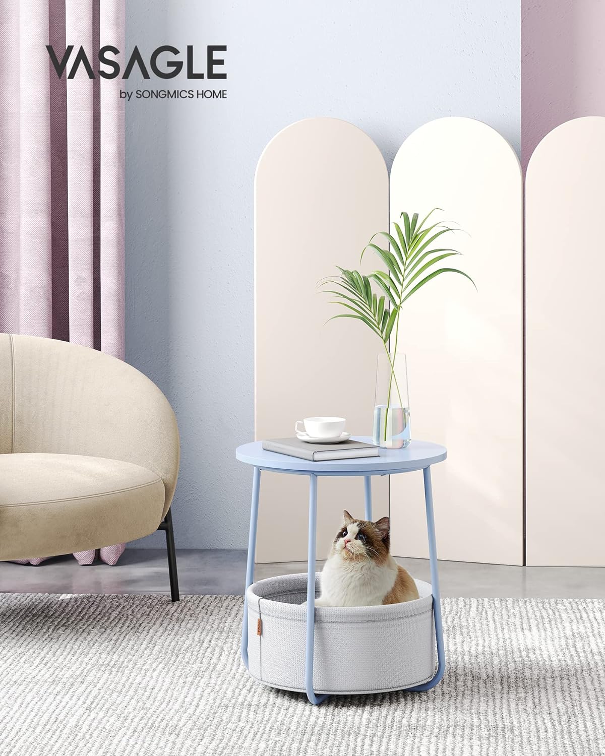 Round side table - With fabric basket - Metal frame - Blue