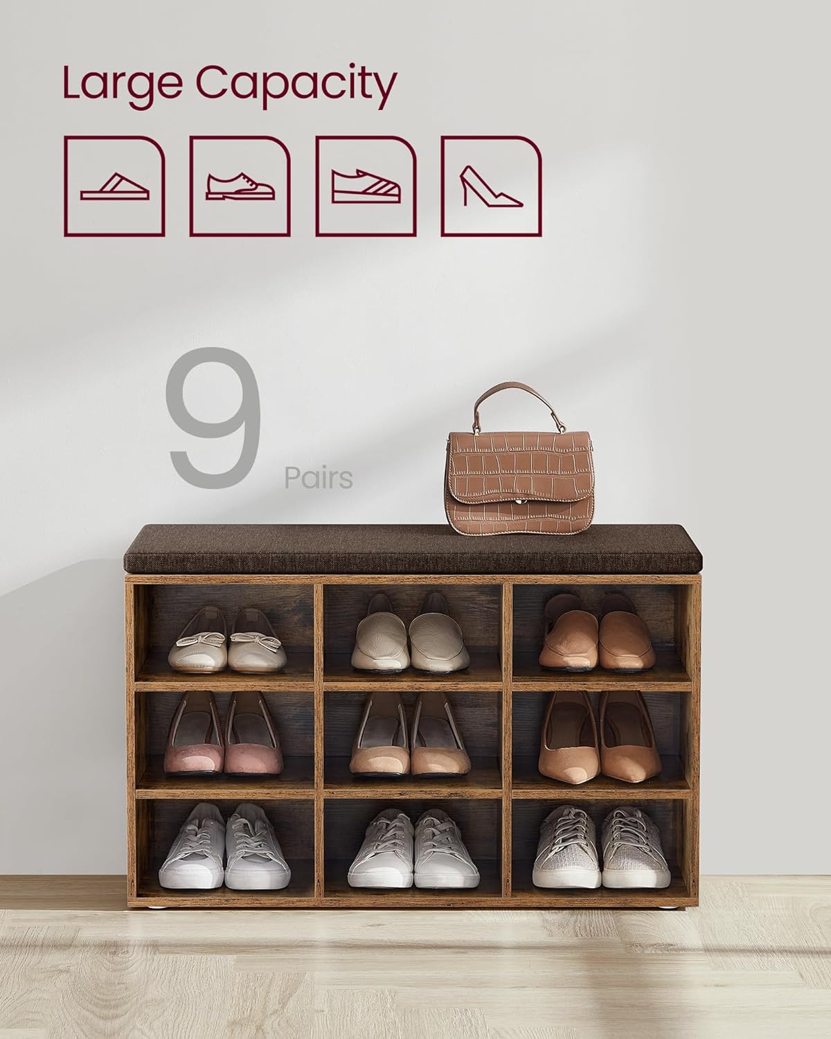 Shoe cabinet - Shoe bench - 9 compartments - With seat - from wood - Brown