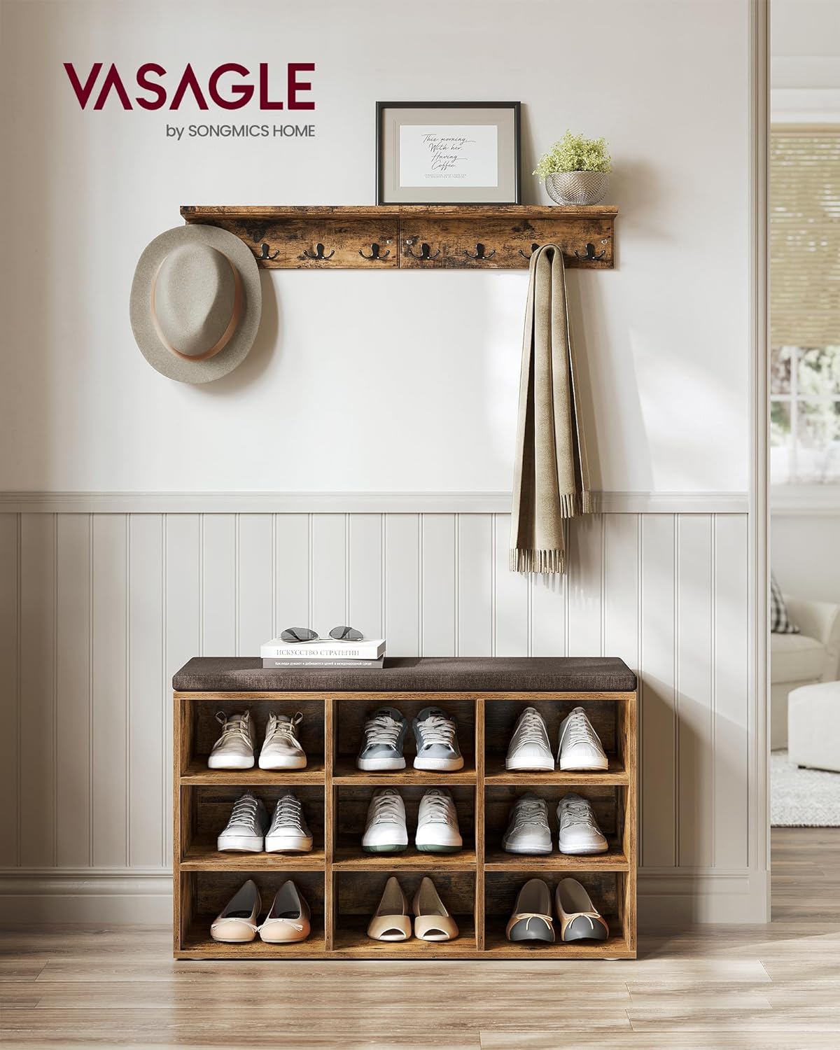 Shoe cabinet - Shoe bench - 9 compartments - With seat - from wood - Brown