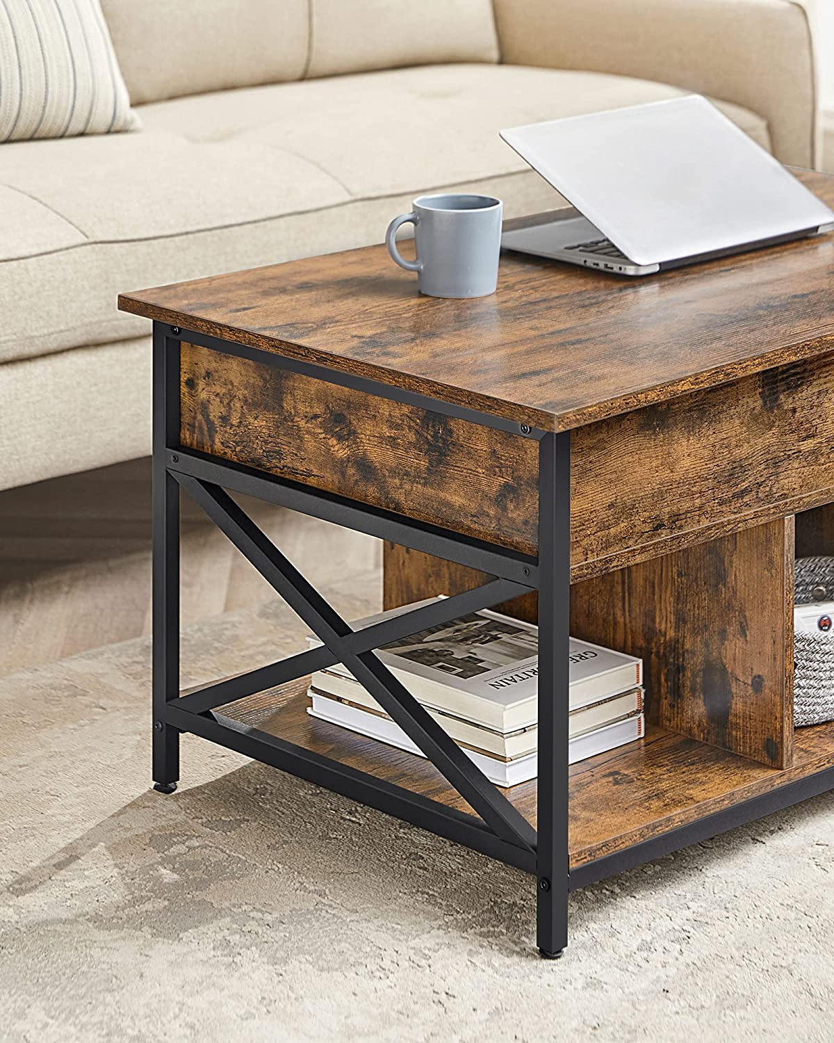 Coffee table - Living room table - With hidden storage space - Vintage brown -black