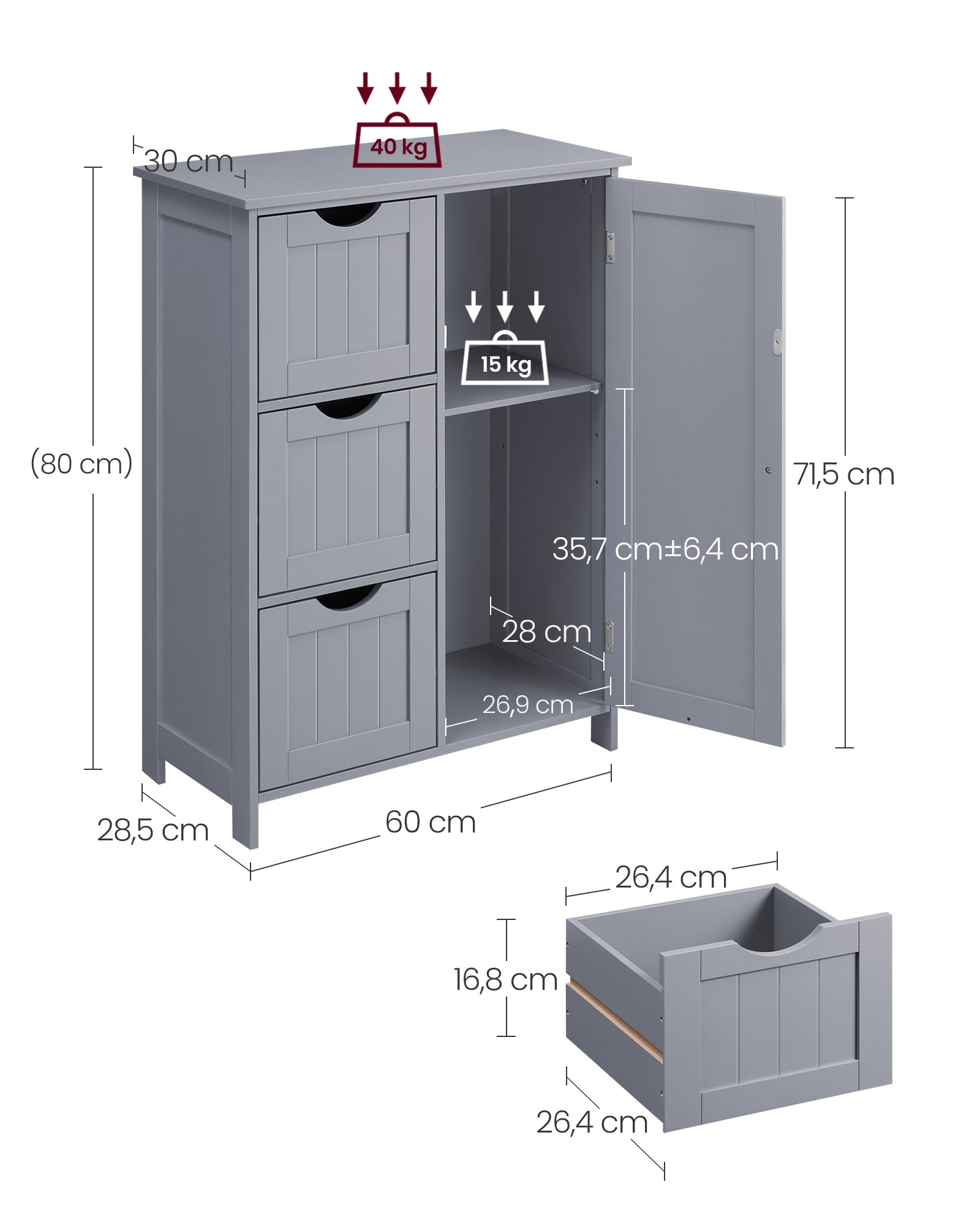 Bathroom furniture - With 3 drawers & cupboard door