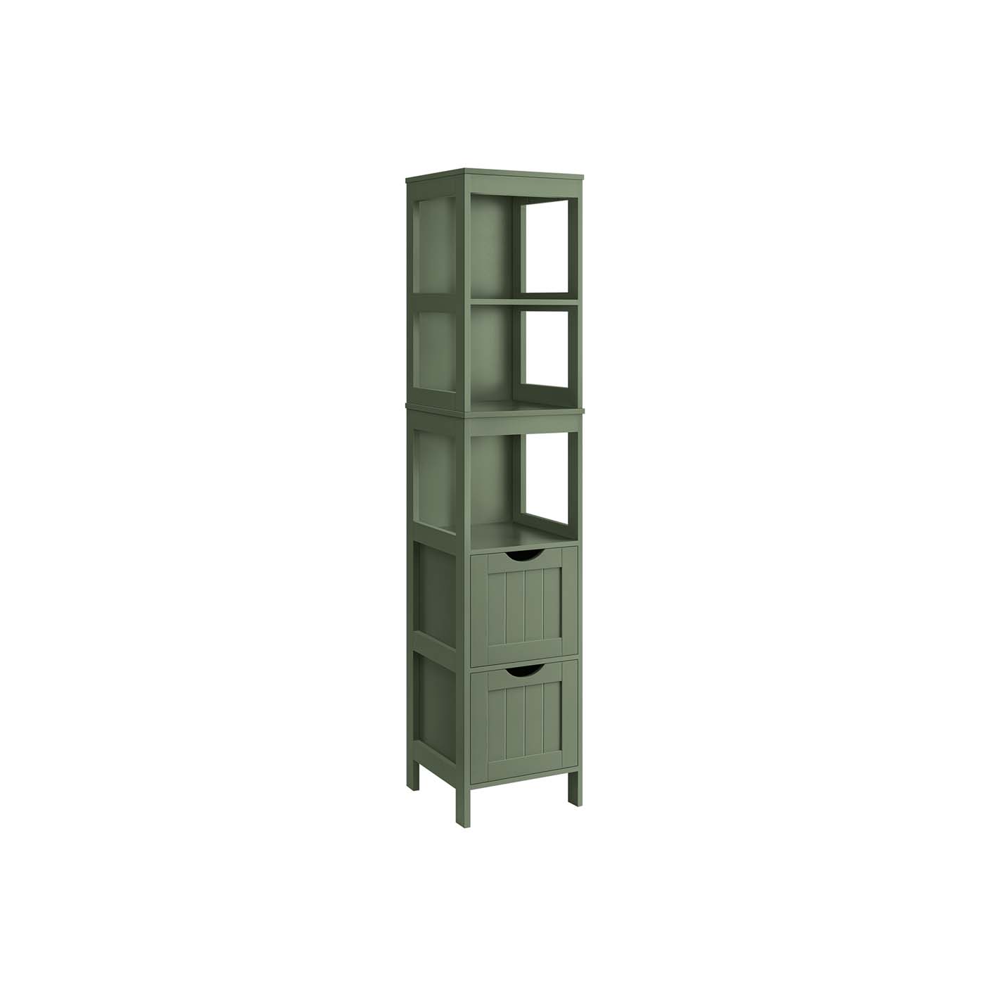 Bathroom cabinet - High cupboard with 2 drawers and 3 open compartments - 30 x 30 x 141.5 cm - White