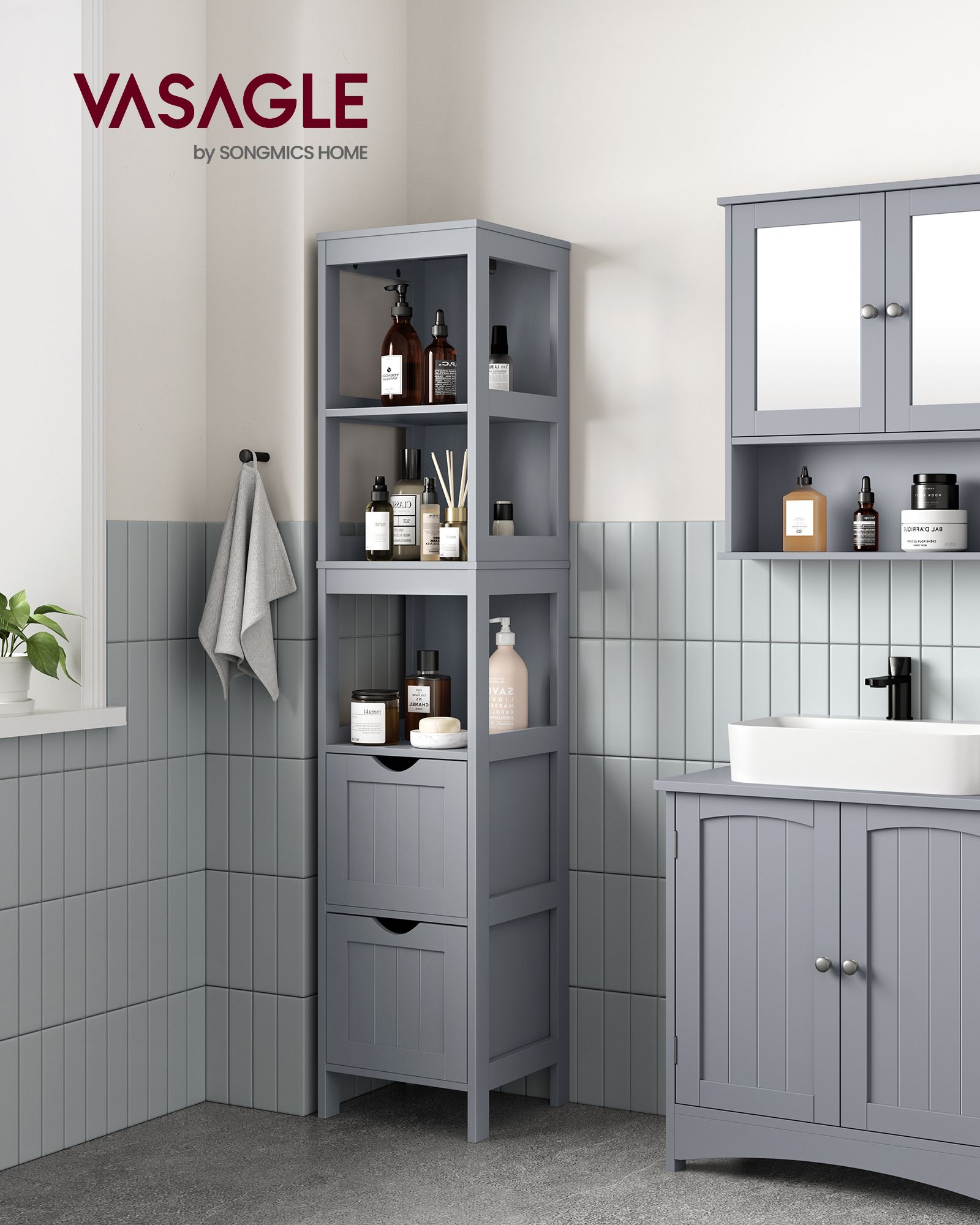 Bathroom cabinet - high - narrow standing - pigeon gray