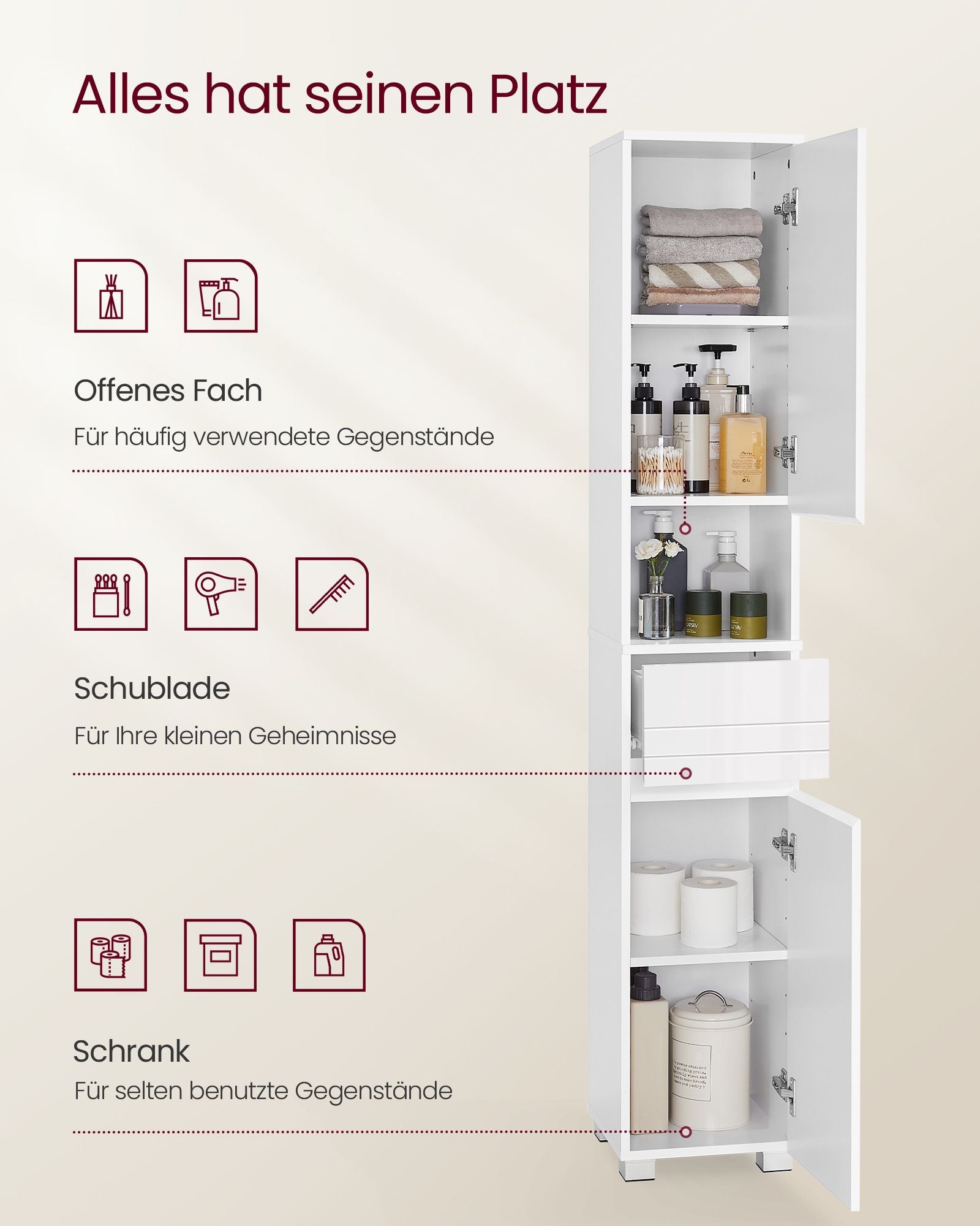 Bathroom furniture - 30 x 30 x 170 cm - adjustable shelves