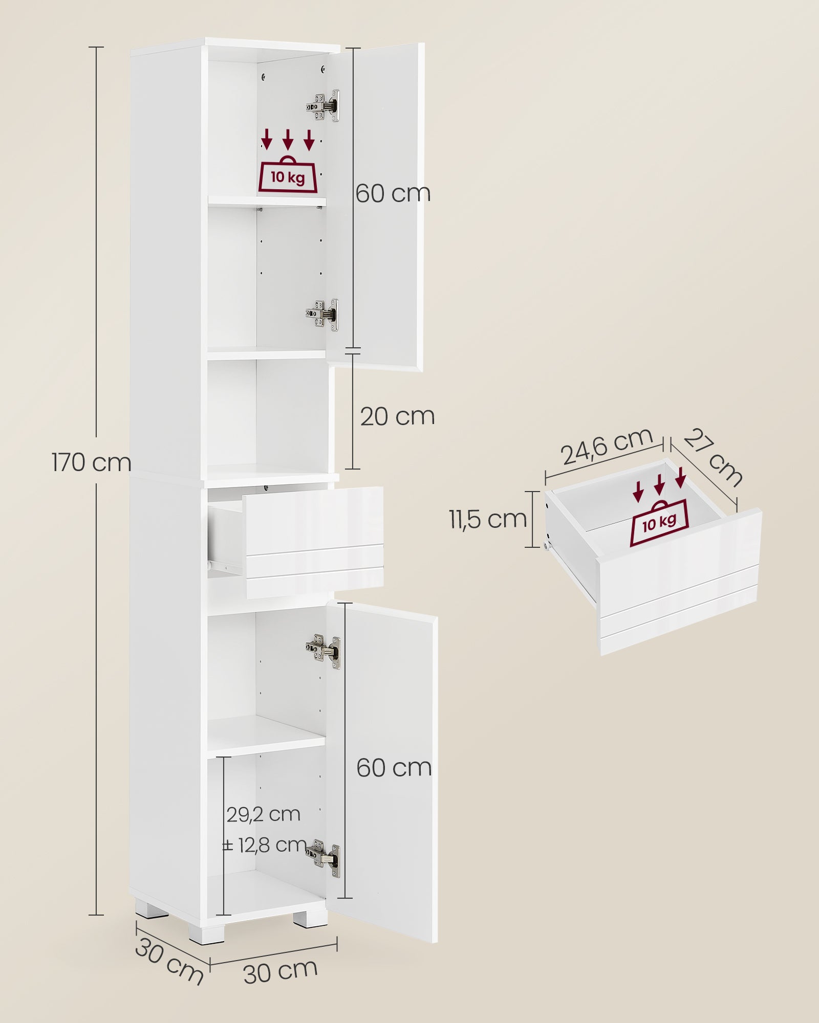 Bathroom furniture - 30 x 30 x 170 cm - adjustable shelves