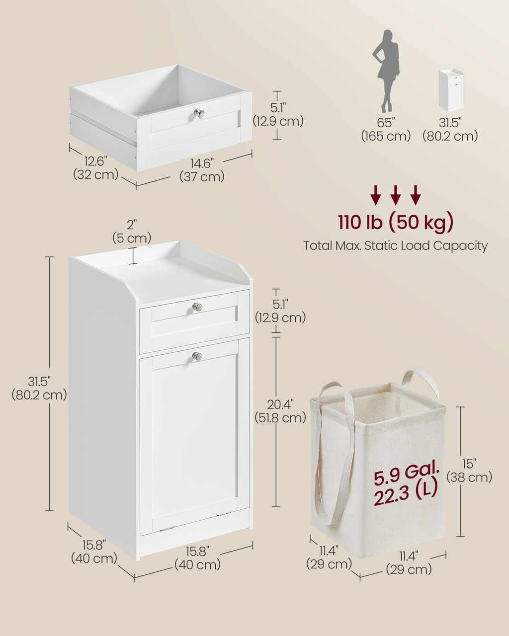 Bathroom cabinet - with laundry basket - 40 × 40 × 80.2 cm