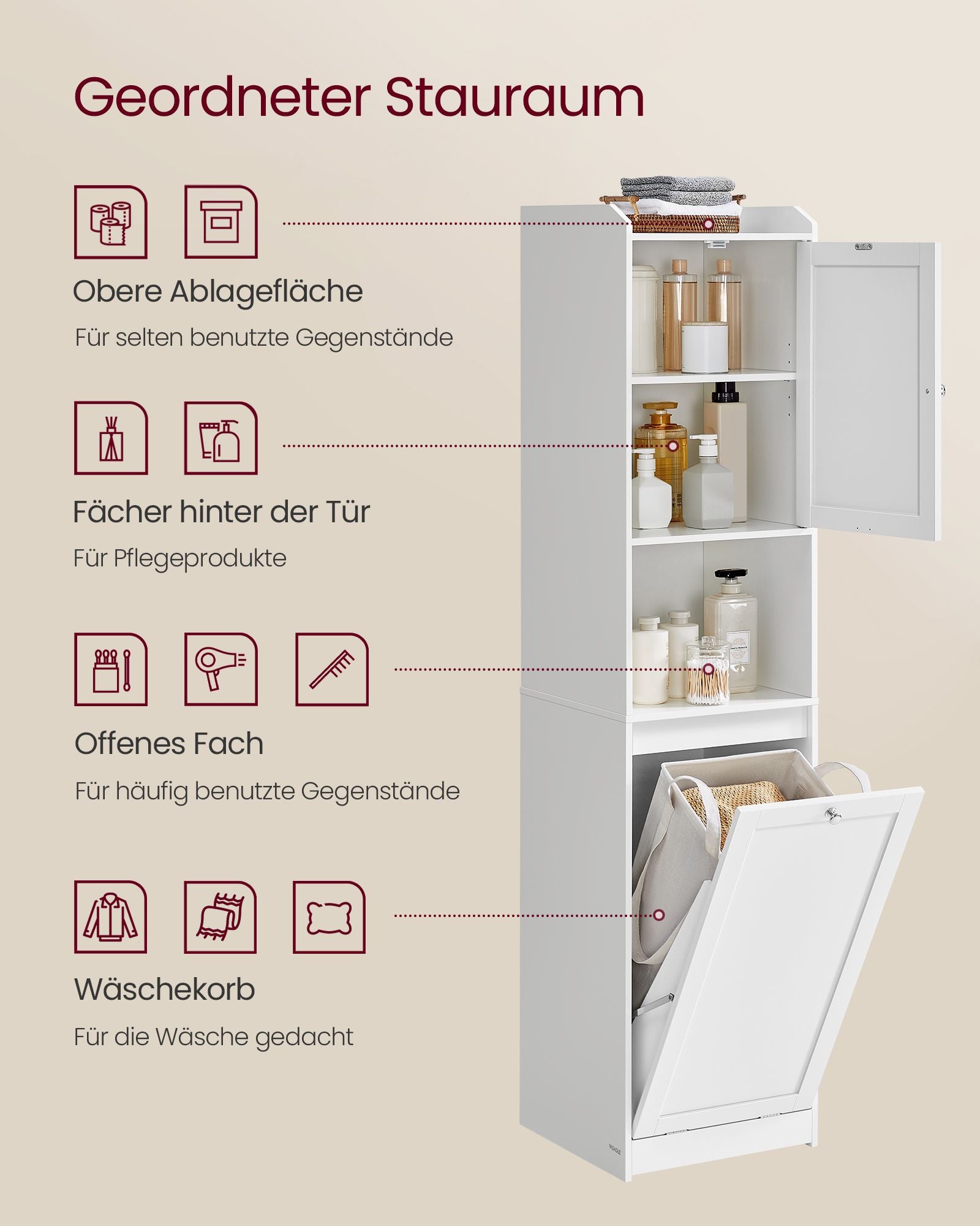 Bathroom cabinet - with laundry basket - 40 × 40 × 170 cm